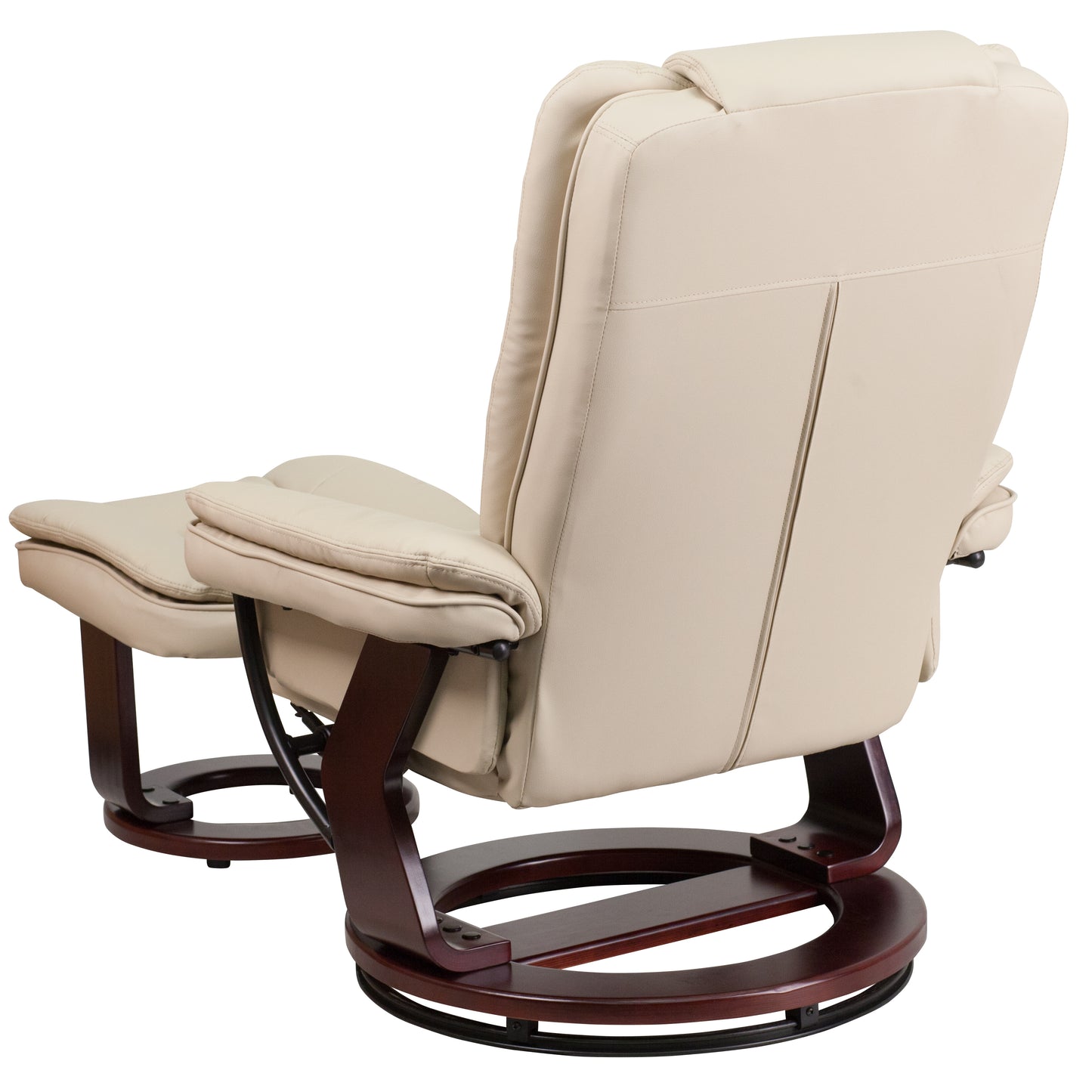 Bali Contemporary Multi-Position Recliner with Horizontal Stitching and Ottoman with Swivel Mahogany Wood Base in Beige LeatherSoft Beige