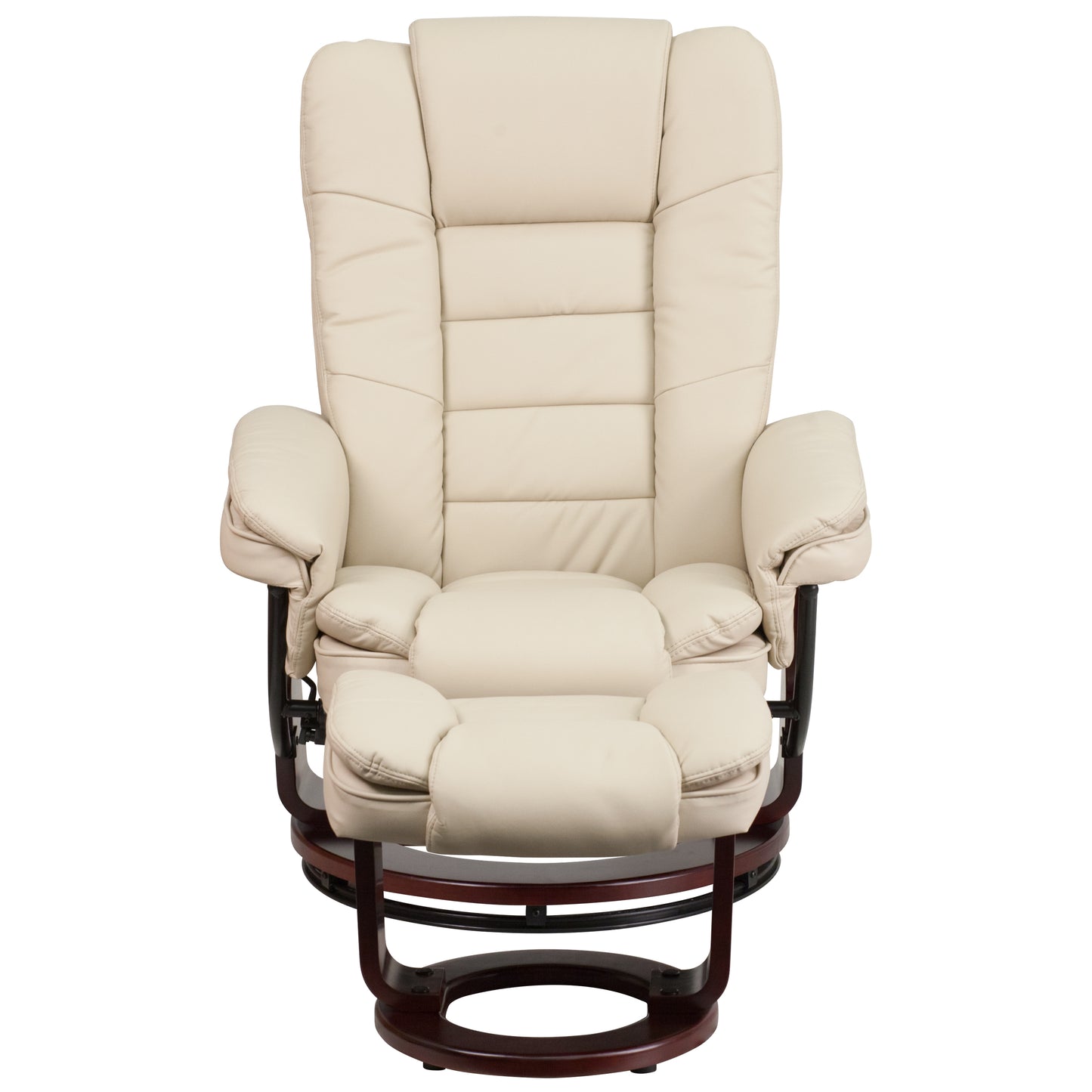 Bali Contemporary Multi-Position Recliner with Horizontal Stitching and Ottoman with Swivel Mahogany Wood Base in Beige LeatherSoft Beige
