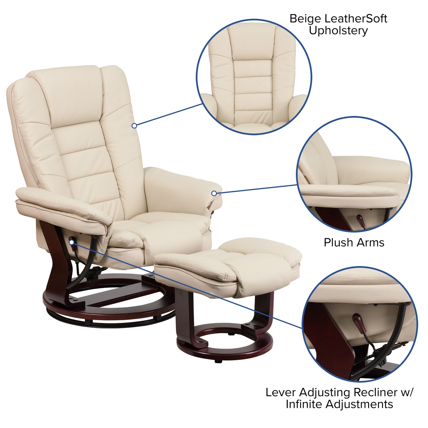 Bali Contemporary Multi-Position Recliner with Horizontal Stitching and Ottoman with Swivel Mahogany Wood Base in Beige LeatherSoft Beige