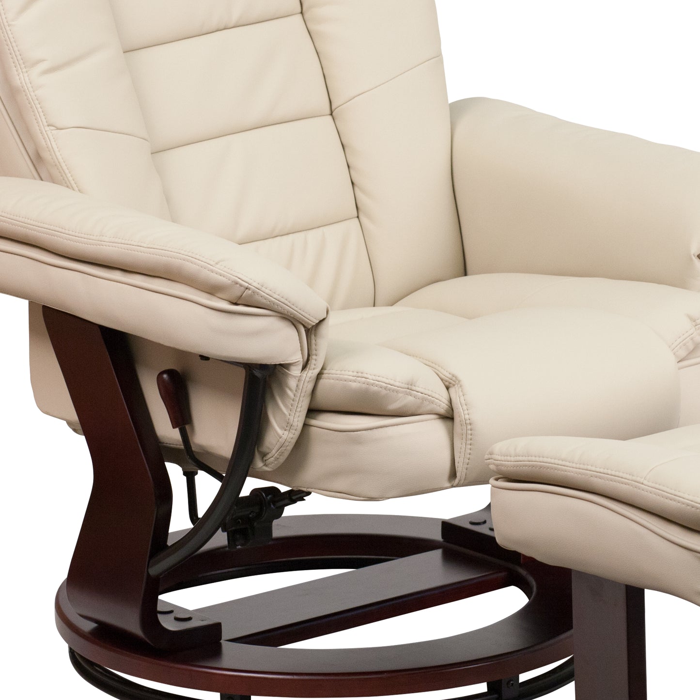 Bali Contemporary Multi-Position Recliner with Horizontal Stitching and Ottoman with Swivel Mahogany Wood Base in Beige LeatherSoft Beige