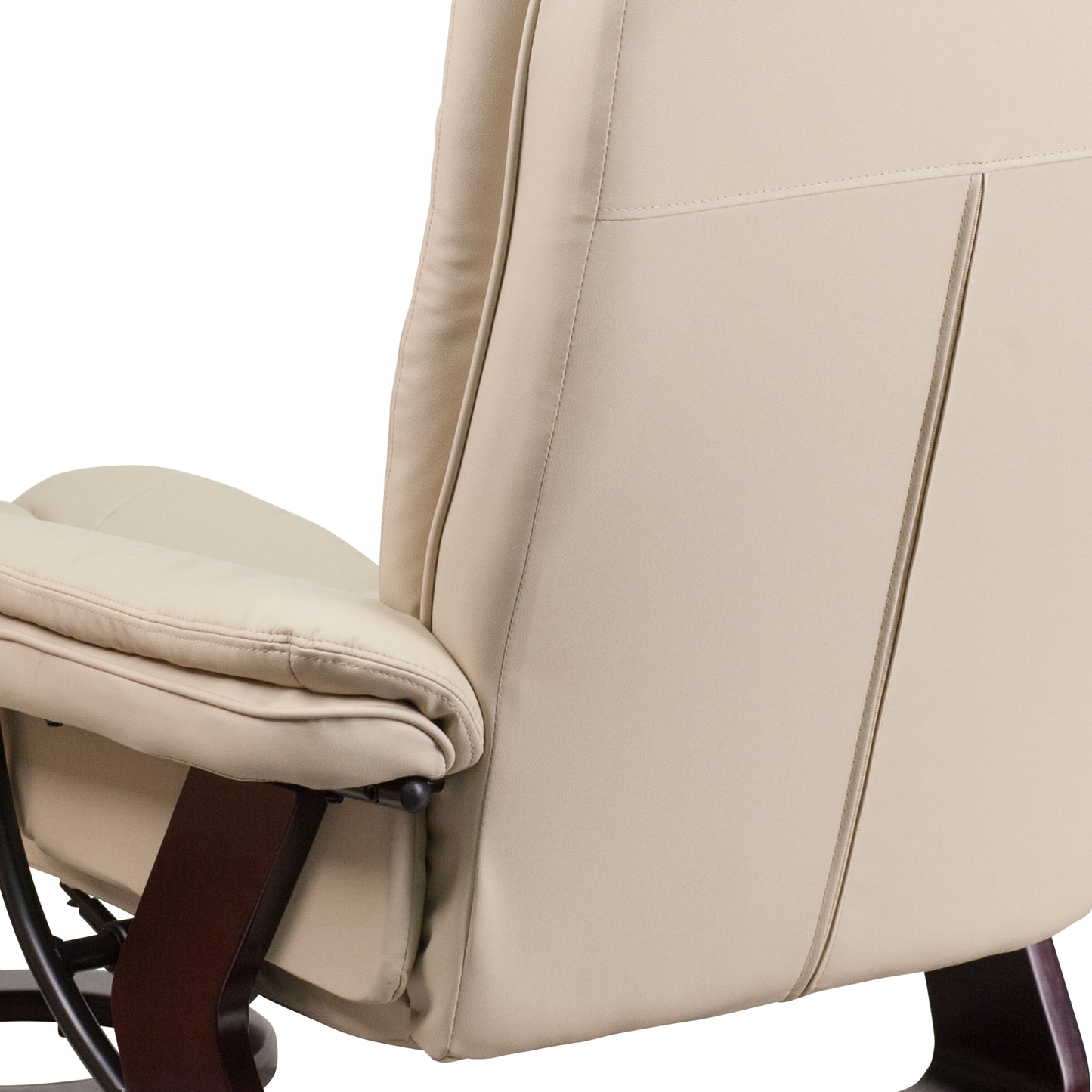 Bali Contemporary Multi-Position Recliner with Horizontal Stitching and Ottoman with Swivel Mahogany Wood Base in Beige LeatherSoft Beige