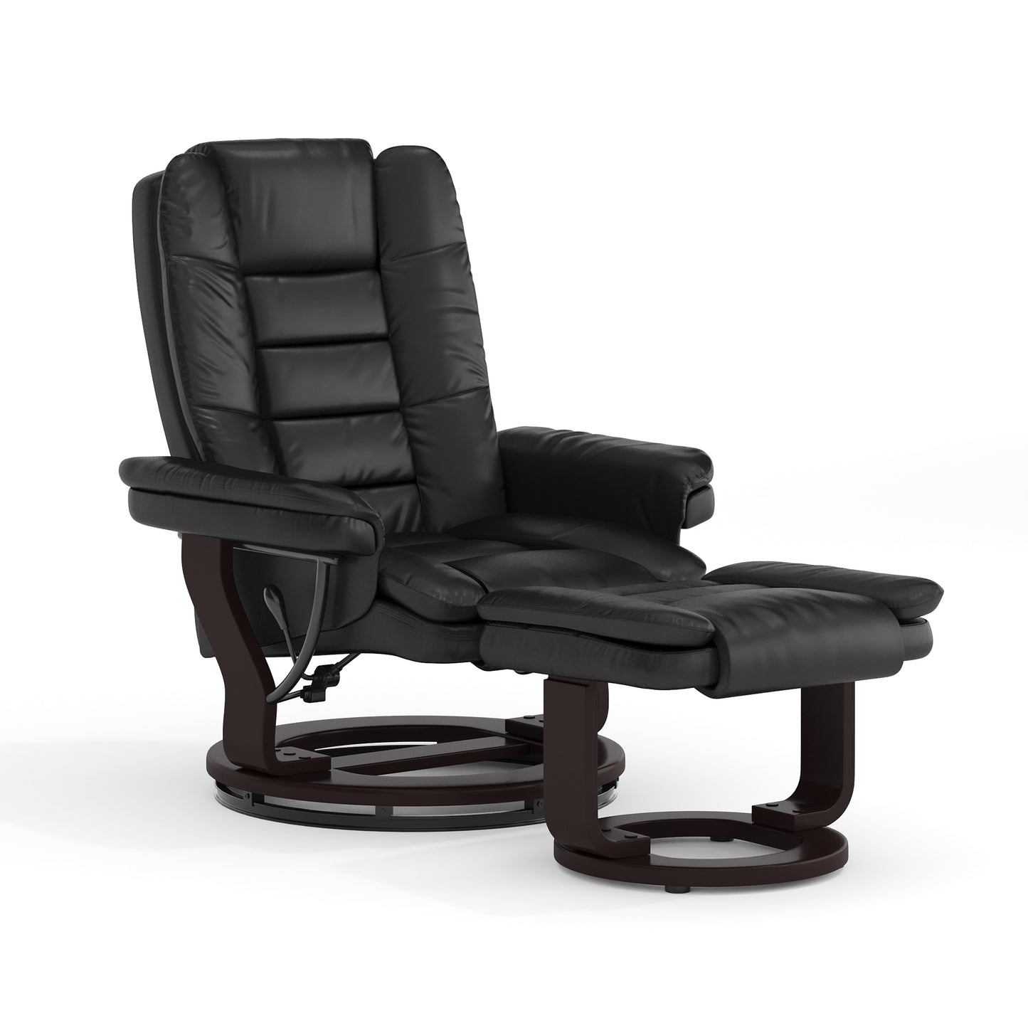 Bali Contemporary Multi-Position Recliner with Horizontal Stitching and Ottoman with Swivel Mahogany Wood Base in Black LeatherSoft Black