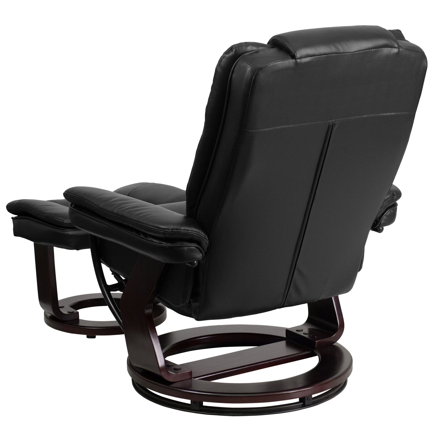 Bali Contemporary Multi-Position Recliner with Horizontal Stitching and Ottoman with Swivel Mahogany Wood Base in Black LeatherSoft Black