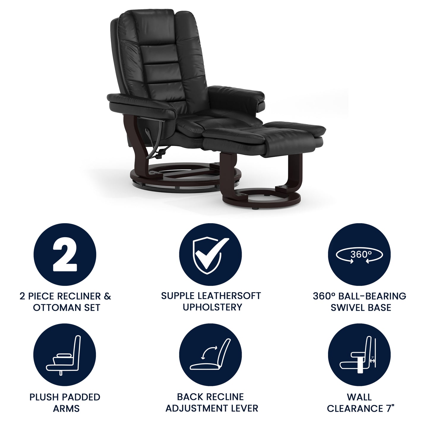 Bali Contemporary Multi-Position Recliner with Horizontal Stitching and Ottoman with Swivel Mahogany Wood Base in Black LeatherSoft Black