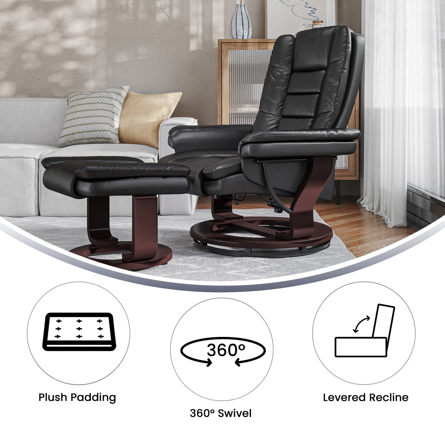 Bali Contemporary Multi-Position Recliner with Horizontal Stitching and Ottoman with Swivel Mahogany Wood Base in Black LeatherSoft Black