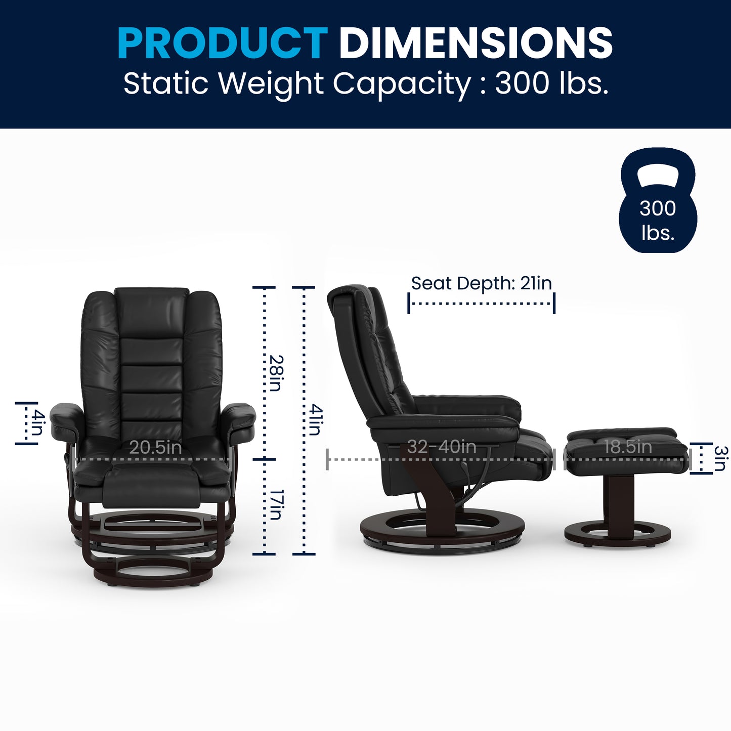 Bali Contemporary Multi-Position Recliner with Horizontal Stitching and Ottoman with Swivel Mahogany Wood Base in Black LeatherSoft Black