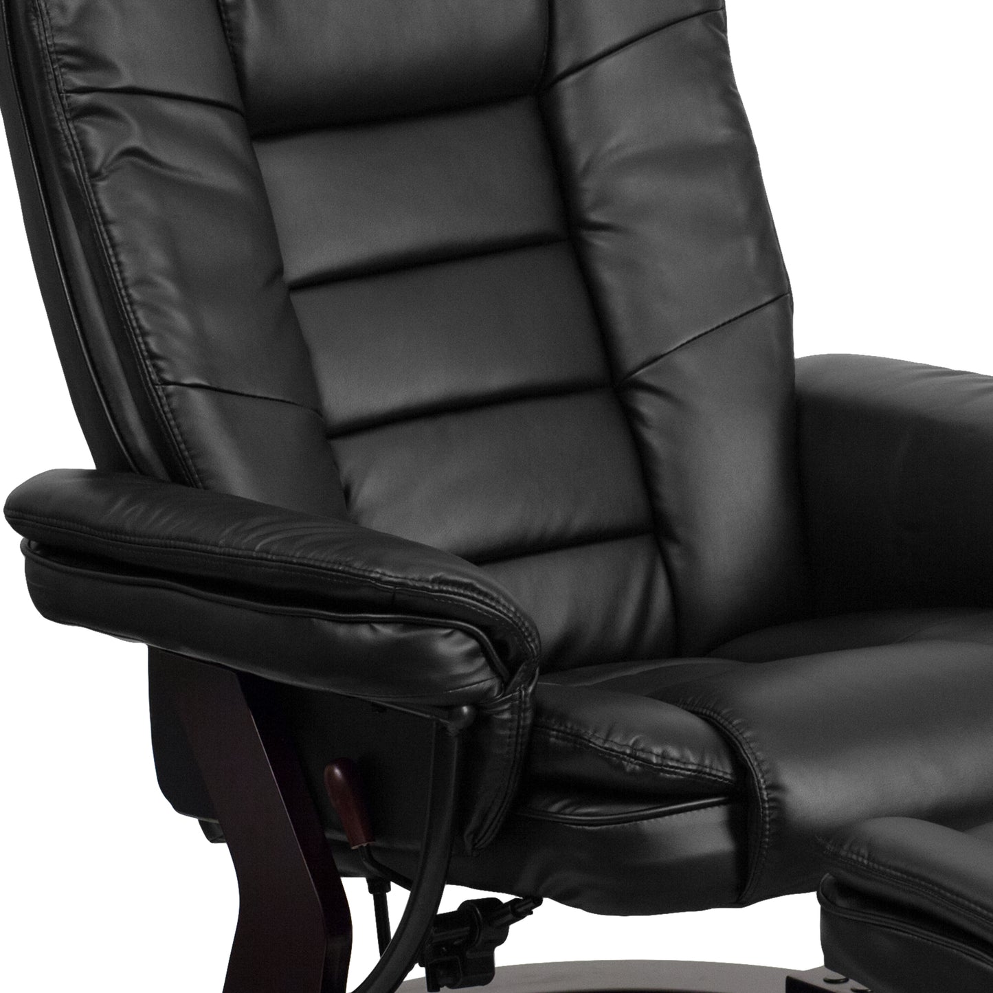 Bali Contemporary Multi-Position Recliner with Horizontal Stitching and Ottoman with Swivel Mahogany Wood Base in Black LeatherSoft Black
