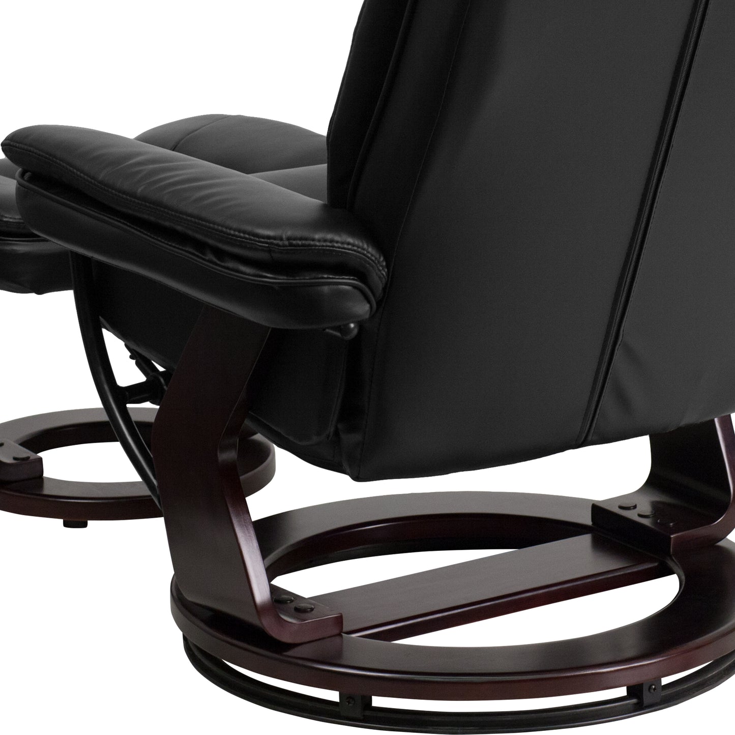 Bali Contemporary Multi-Position Recliner with Horizontal Stitching and Ottoman with Swivel Mahogany Wood Base in Black LeatherSoft Black