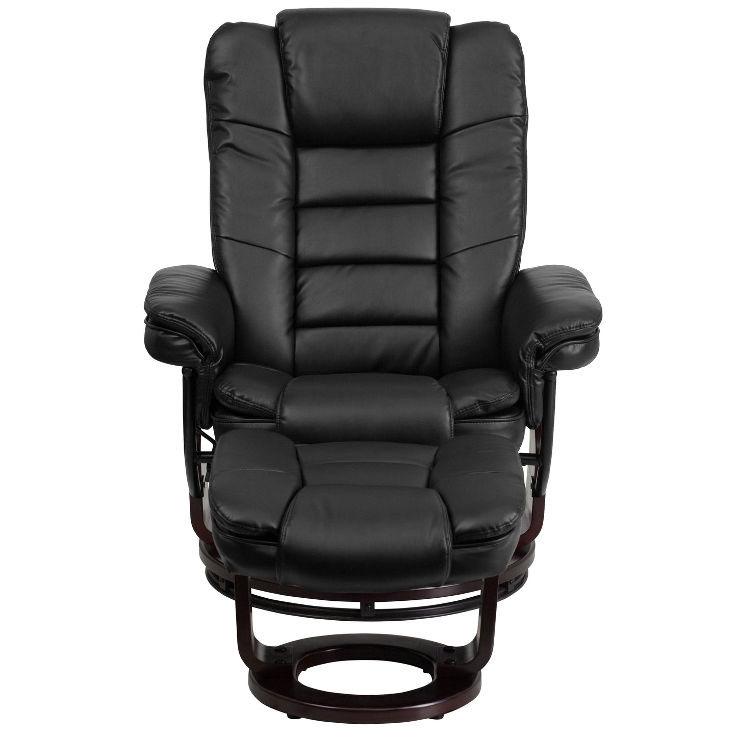 Bali Contemporary Multi-Position Recliner with Horizontal Stitching and Ottoman with Swivel Mahogany Wood Base in Black LeatherSoft Black