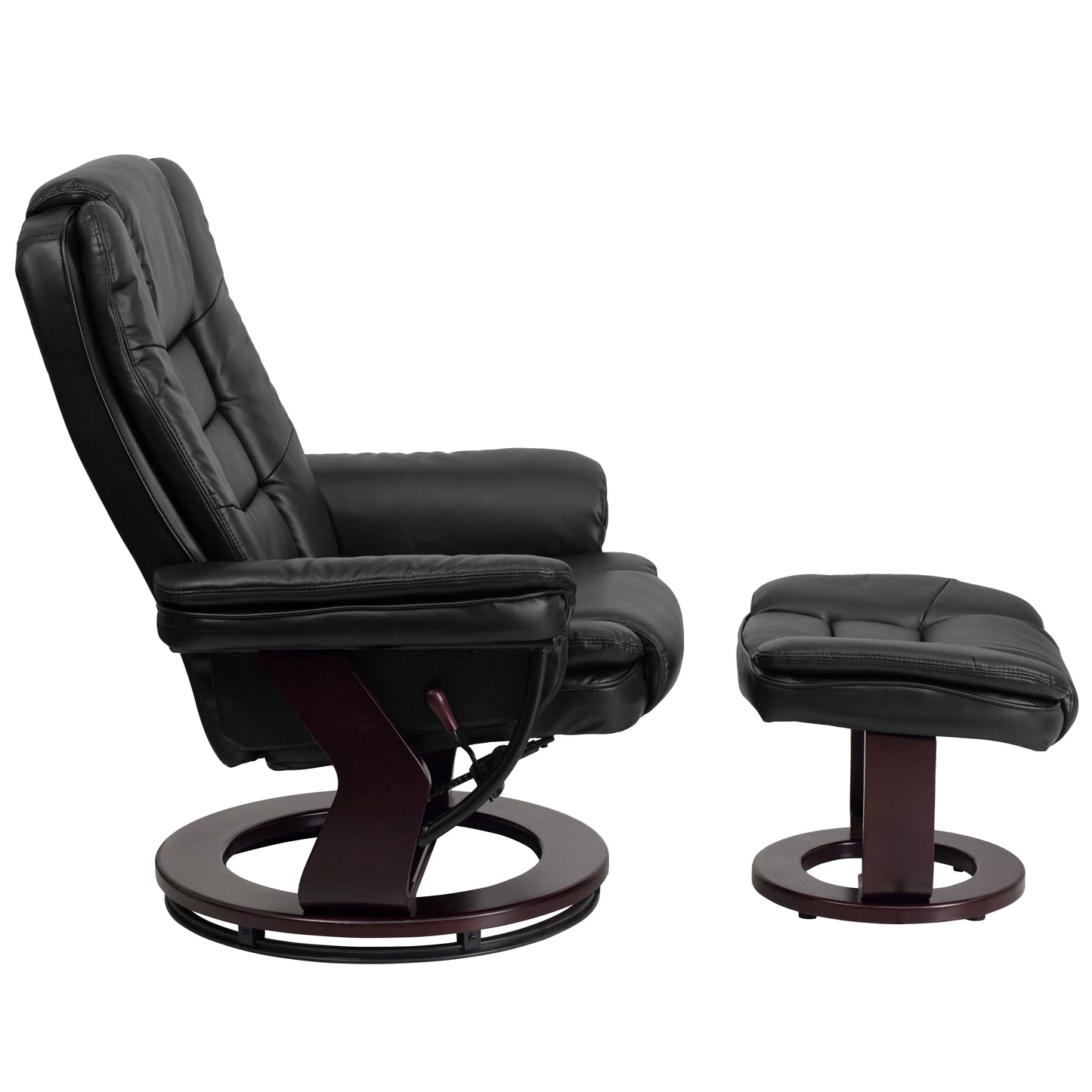 Bali Contemporary Multi-Position Recliner with Horizontal Stitching and Ottoman with Swivel Mahogany Wood Base in Black LeatherSoft Black