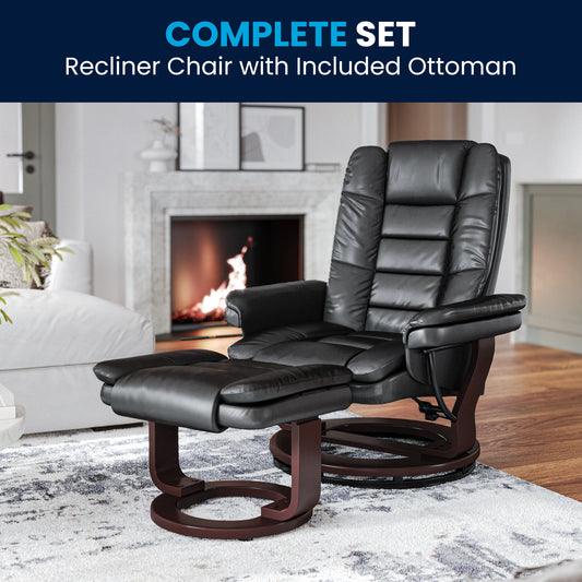 Bali Contemporary Multi-Position Recliner with Horizontal Stitching and Ottoman with Swivel Mahogany Wood Base in Black LeatherSoft Black