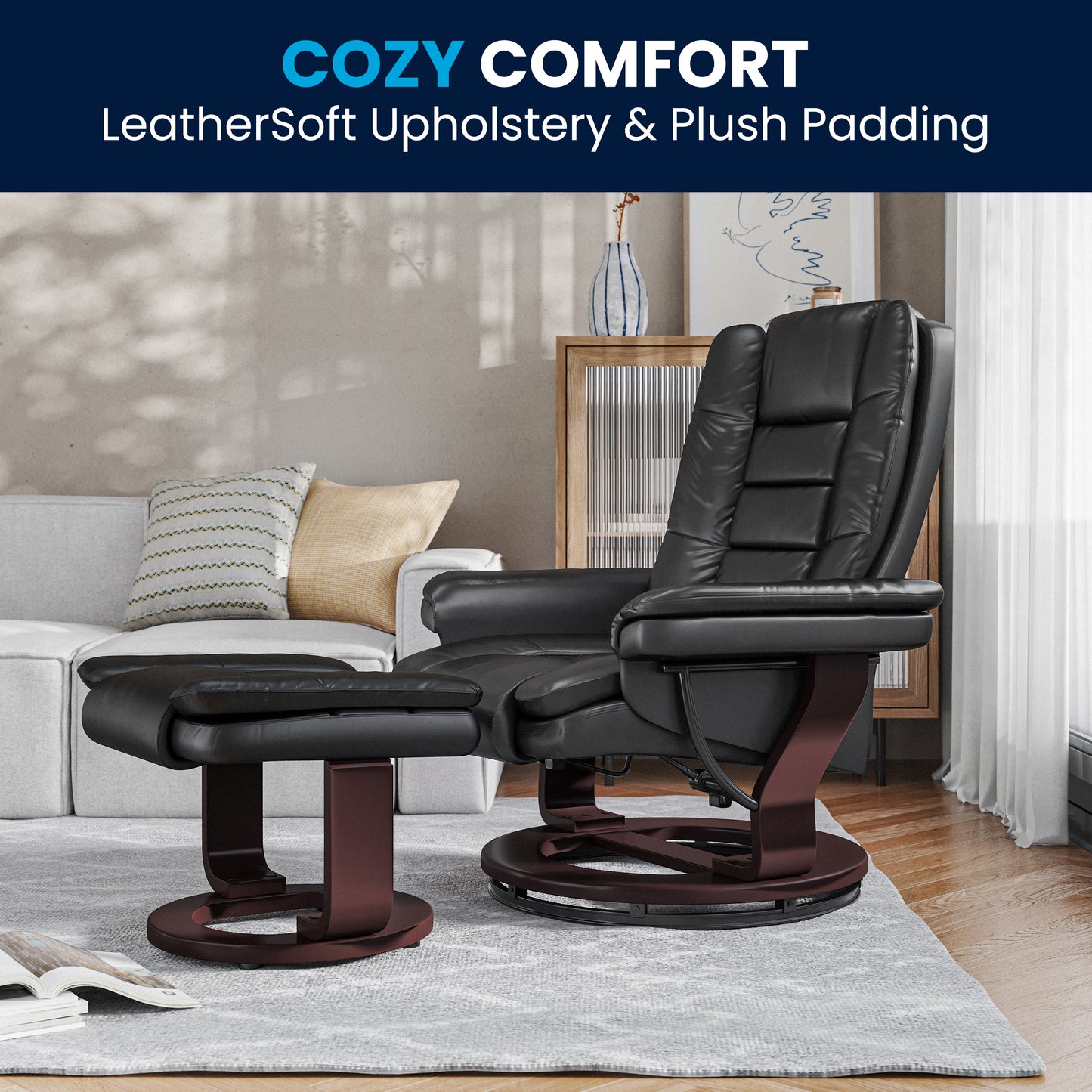 Bali Contemporary Multi-Position Recliner with Horizontal Stitching and Ottoman with Swivel Mahogany Wood Base in Black LeatherSoft Black