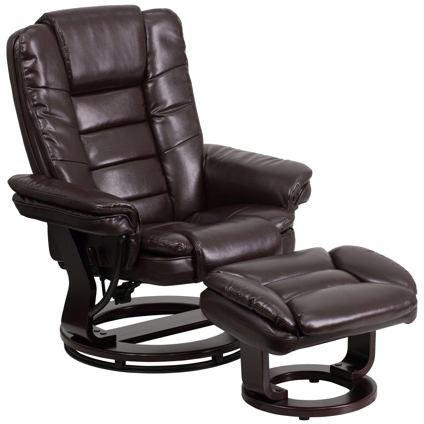 Bali Contemporary Multi-Position Recliner with Horizontal Stitching and Ottoman with Swivel Mahogany Wood Base in Brown LeatherSoft Brown
