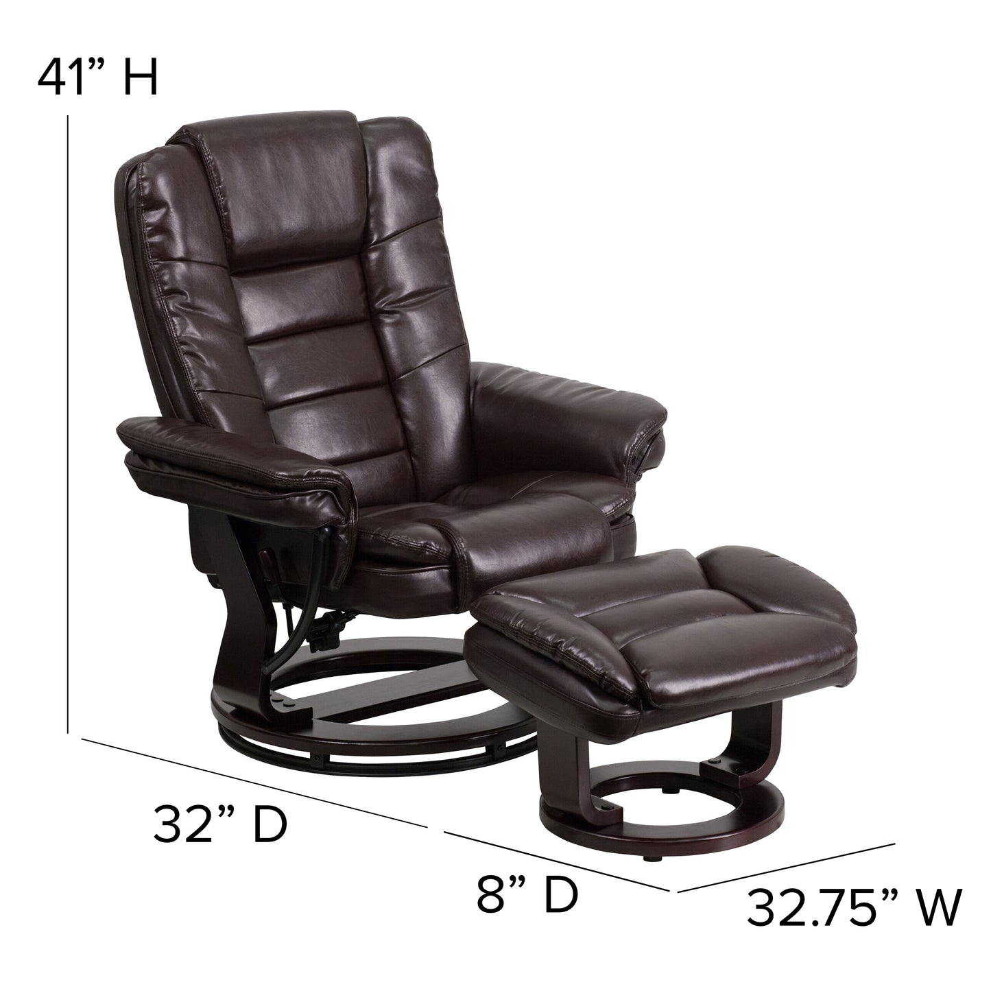 Bali Contemporary Multi-Position Recliner with Horizontal Stitching and Ottoman with Swivel Mahogany Wood Base in Brown LeatherSoft Brown