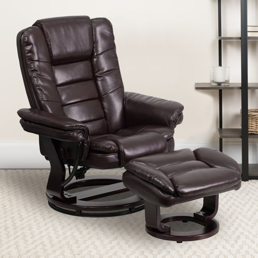 Bali Contemporary Multi-Position Recliner with Horizontal Stitching and Ottoman with Swivel Mahogany Wood Base in Brown LeatherSoft Brown