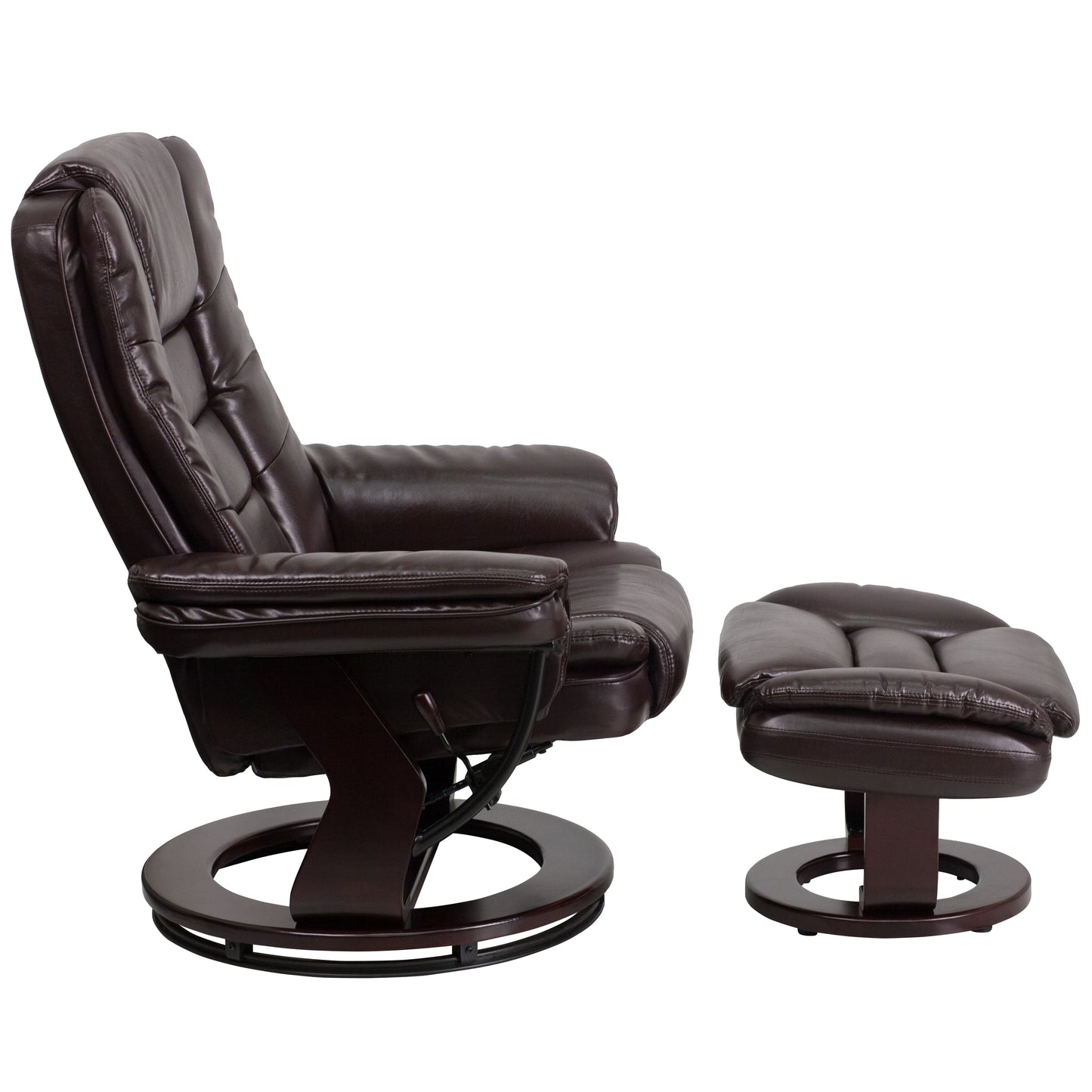 Bali Contemporary Multi-Position Recliner with Horizontal Stitching and Ottoman with Swivel Mahogany Wood Base in Brown LeatherSoft Brown