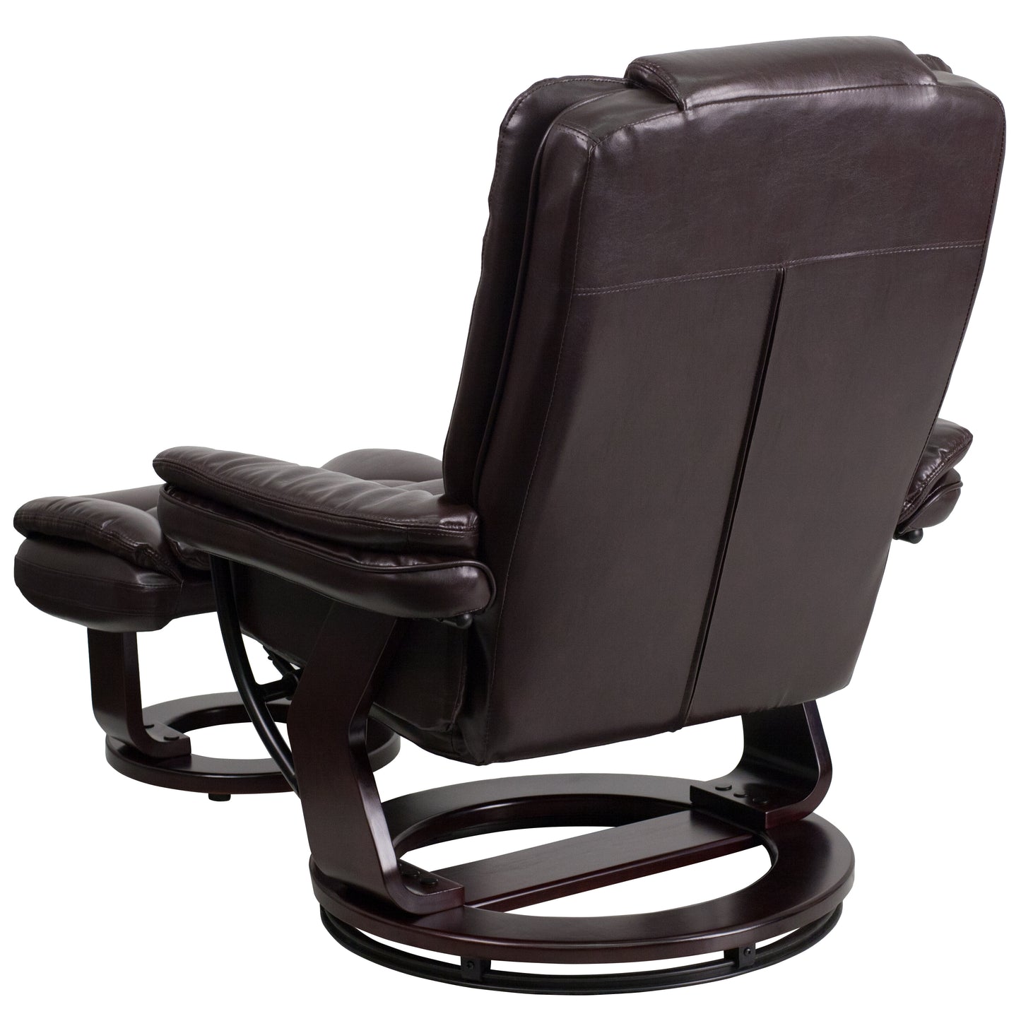Bali Contemporary Multi-Position Recliner with Horizontal Stitching and Ottoman with Swivel Mahogany Wood Base in Brown LeatherSoft Brown