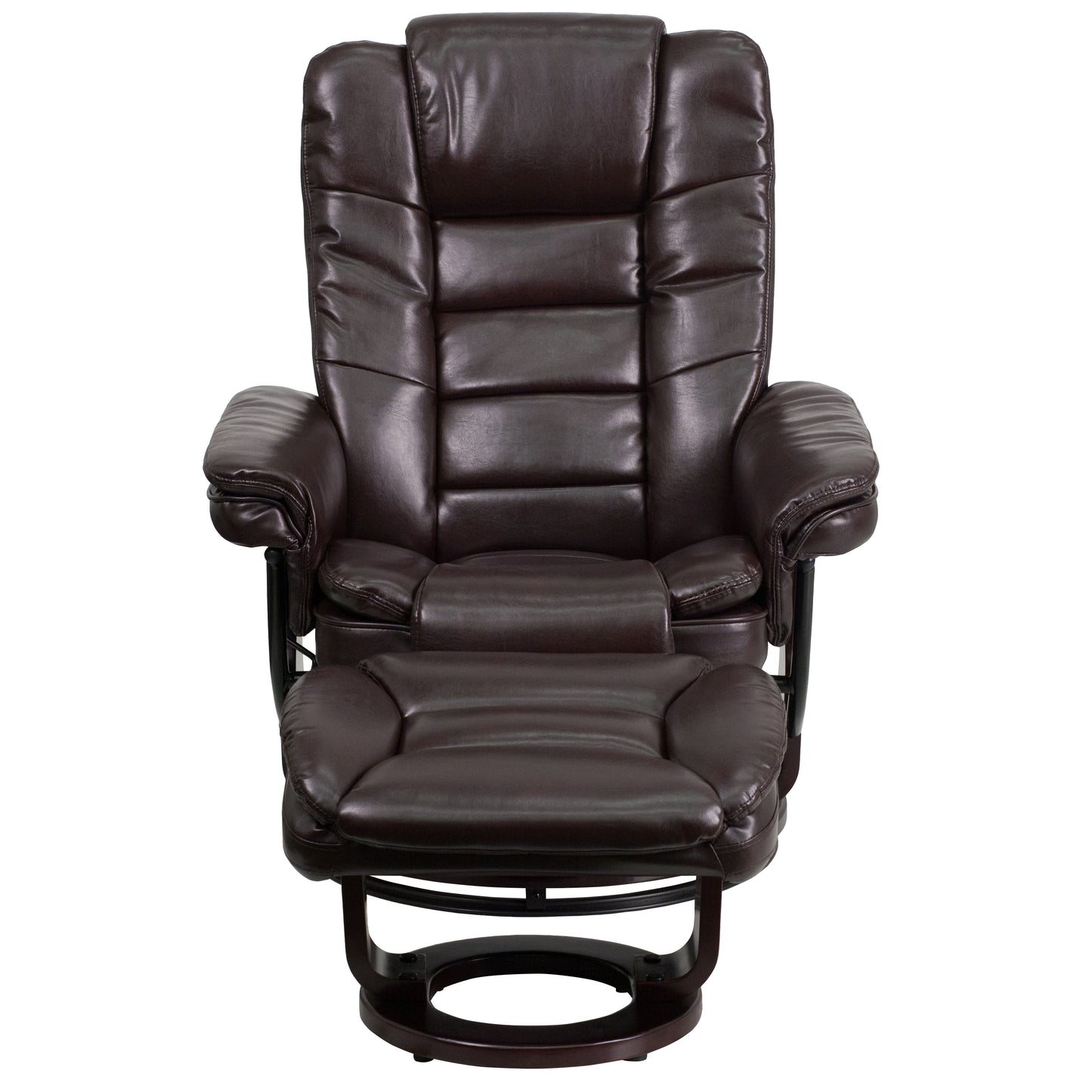 Bali Contemporary Multi-Position Recliner with Horizontal Stitching and Ottoman with Swivel Mahogany Wood Base in Brown LeatherSoft Brown