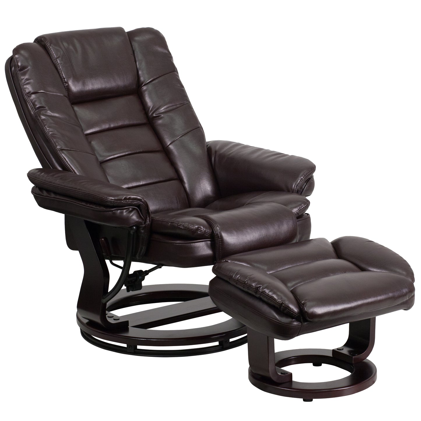 Bali Contemporary Multi-Position Recliner with Horizontal Stitching and Ottoman with Swivel Mahogany Wood Base in Brown LeatherSoft Brown