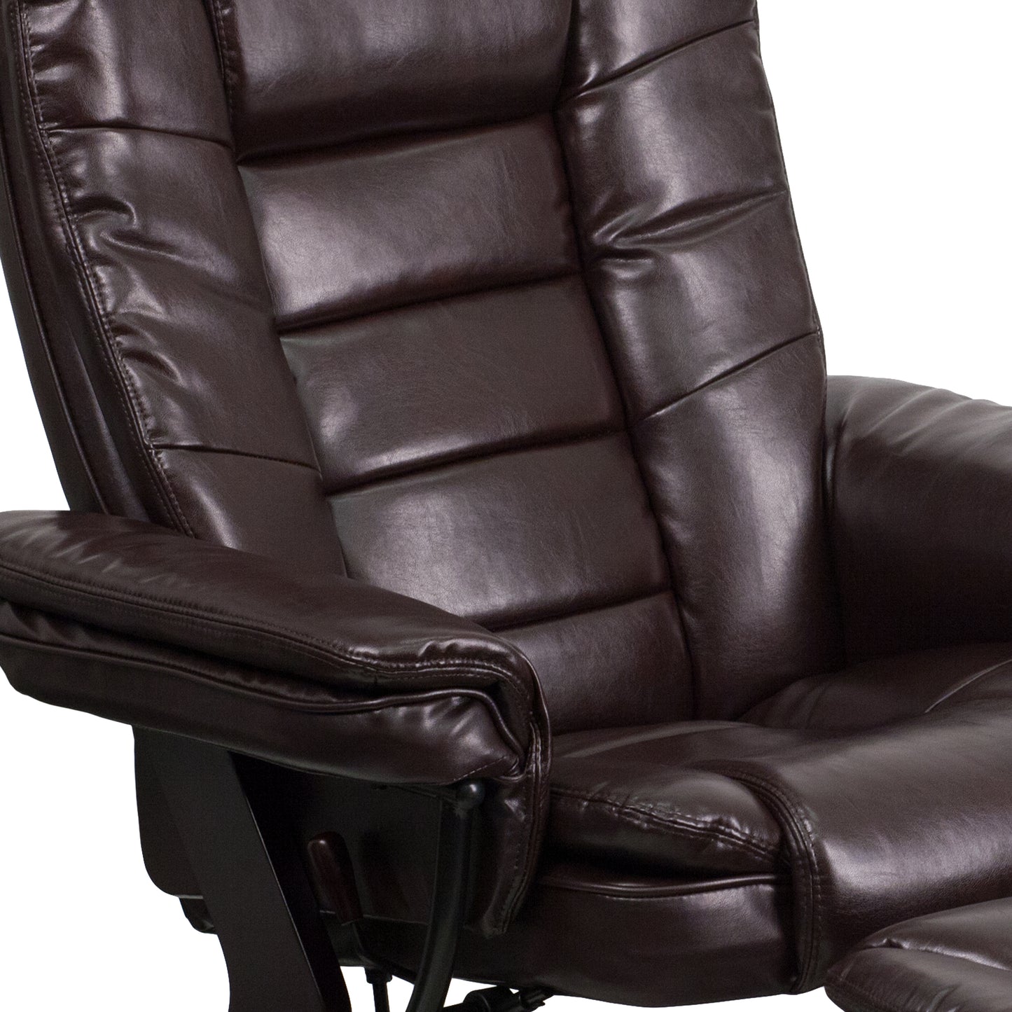 Bali Contemporary Multi-Position Recliner with Horizontal Stitching and Ottoman with Swivel Mahogany Wood Base in Brown LeatherSoft Brown