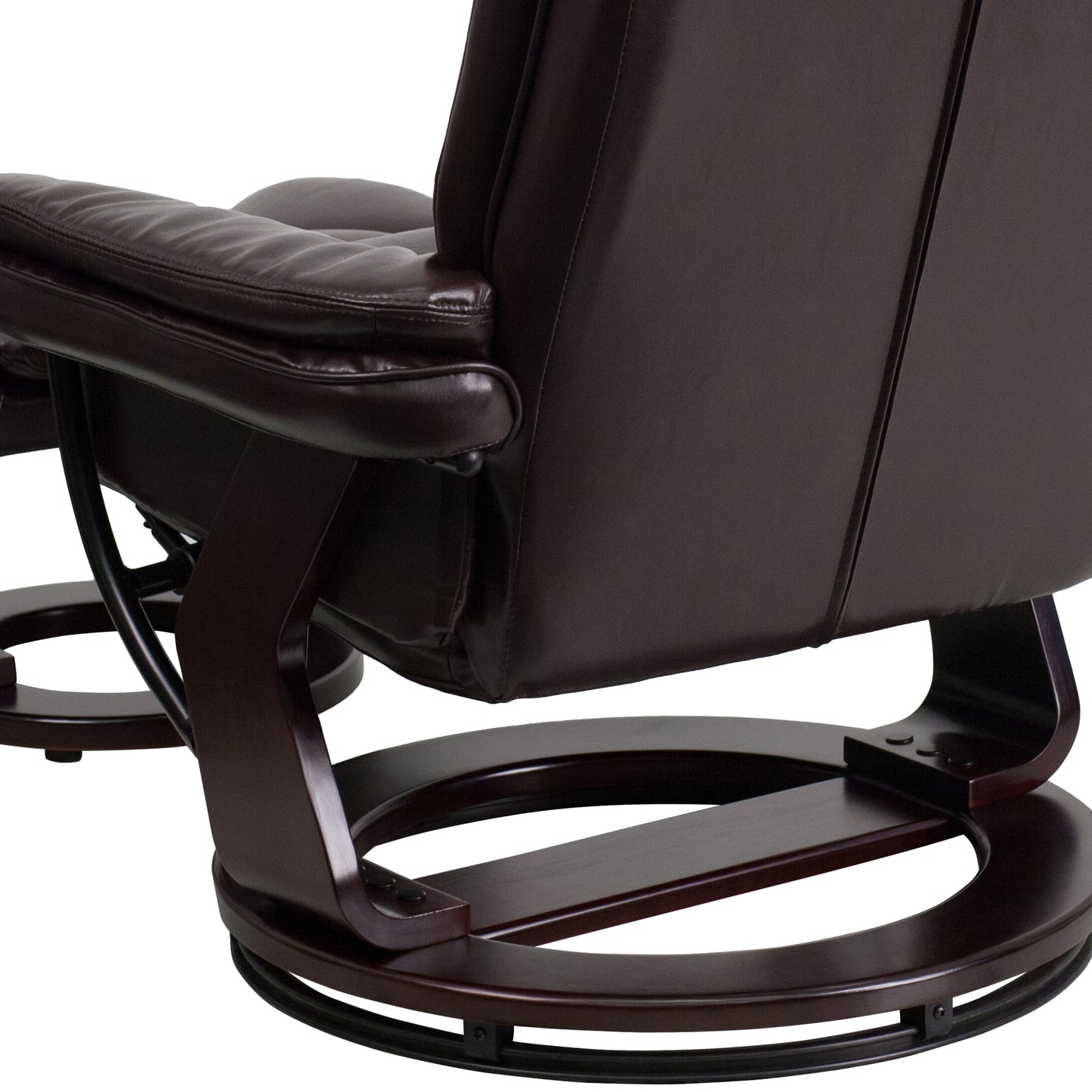 Bali Contemporary Multi-Position Recliner with Horizontal Stitching and Ottoman with Swivel Mahogany Wood Base in Brown LeatherSoft Brown
