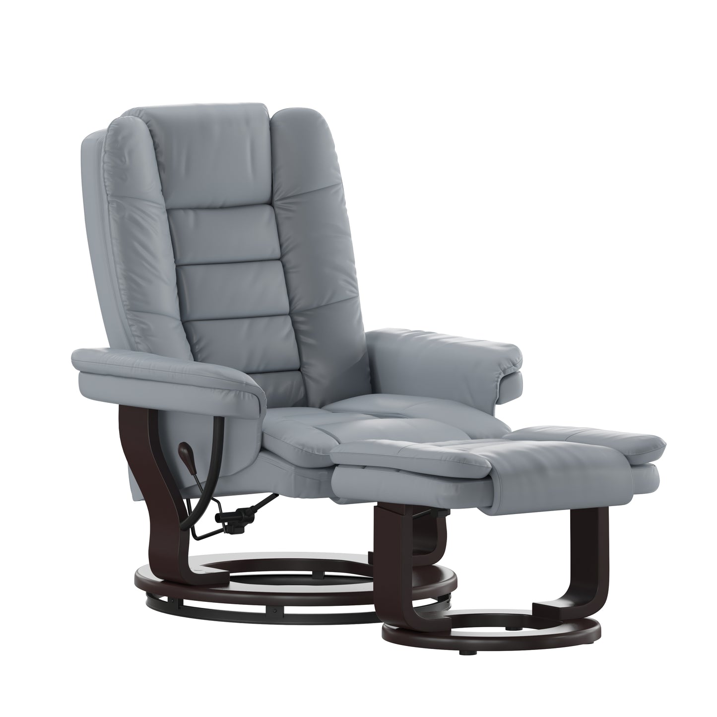 Bali Contemporary Multi-Position Recliner with Horizontal Stitching and Ottoman with Swivel Mahogany Wood Base in Gray LeatherSoft Gray