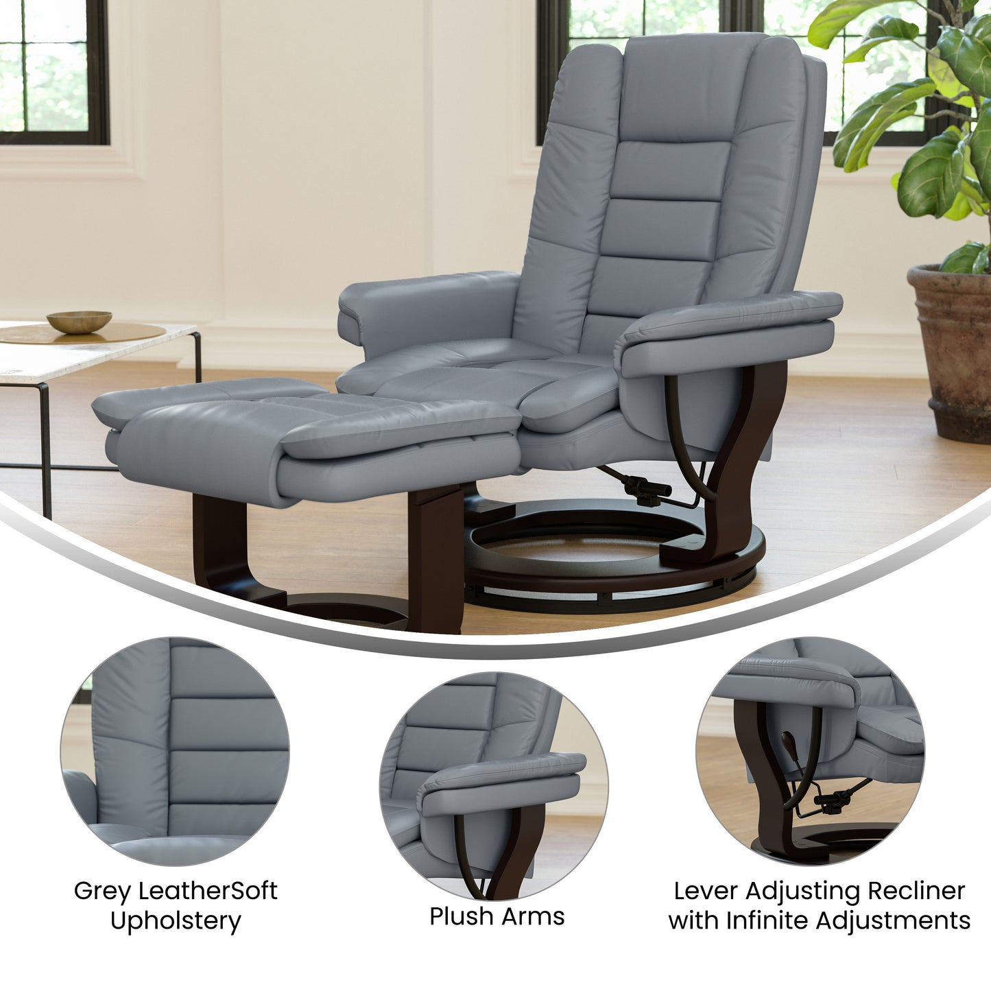 Bali Contemporary Multi-Position Recliner with Horizontal Stitching and Ottoman with Swivel Mahogany Wood Base in Gray LeatherSoft Gray