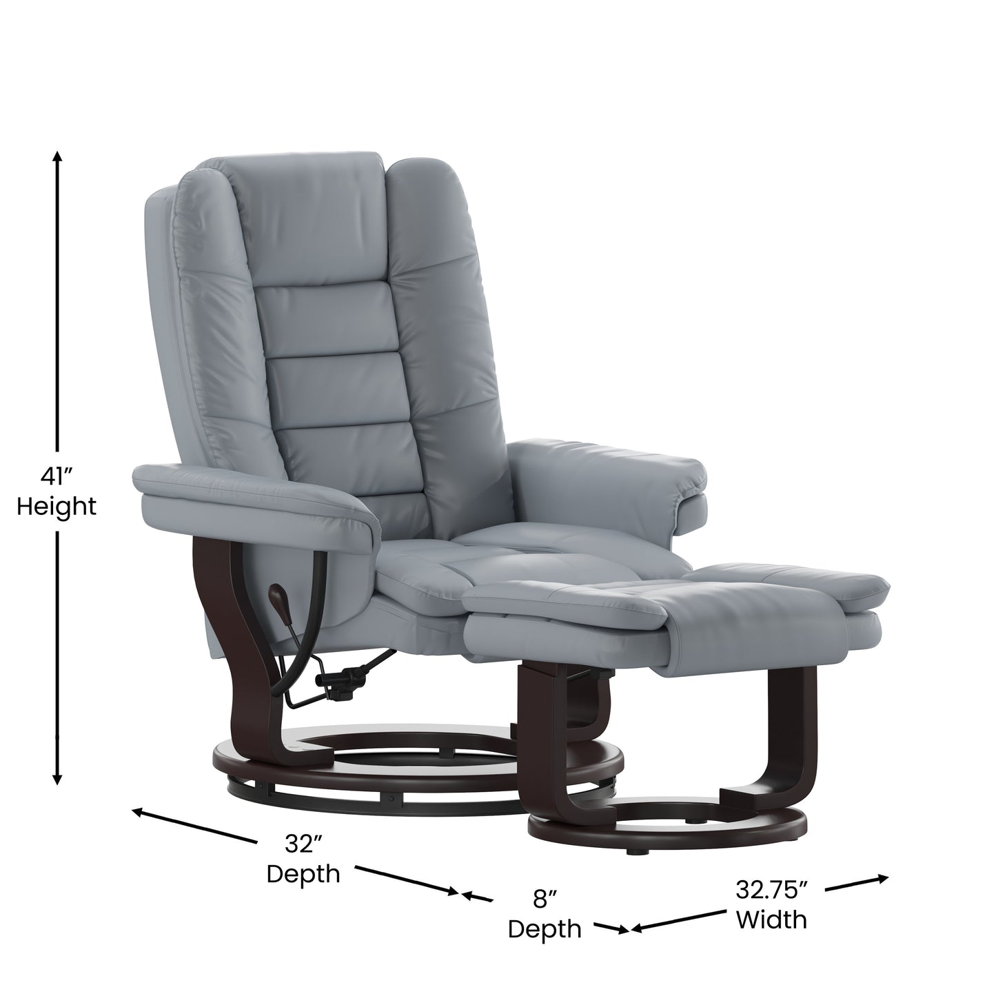 Bali Contemporary Multi-Position Recliner with Horizontal Stitching and Ottoman with Swivel Mahogany Wood Base in Gray LeatherSoft Gray