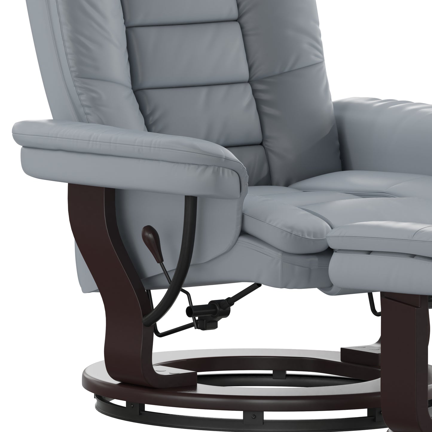 Bali Contemporary Multi-Position Recliner with Horizontal Stitching and Ottoman with Swivel Mahogany Wood Base in Gray LeatherSoft Gray