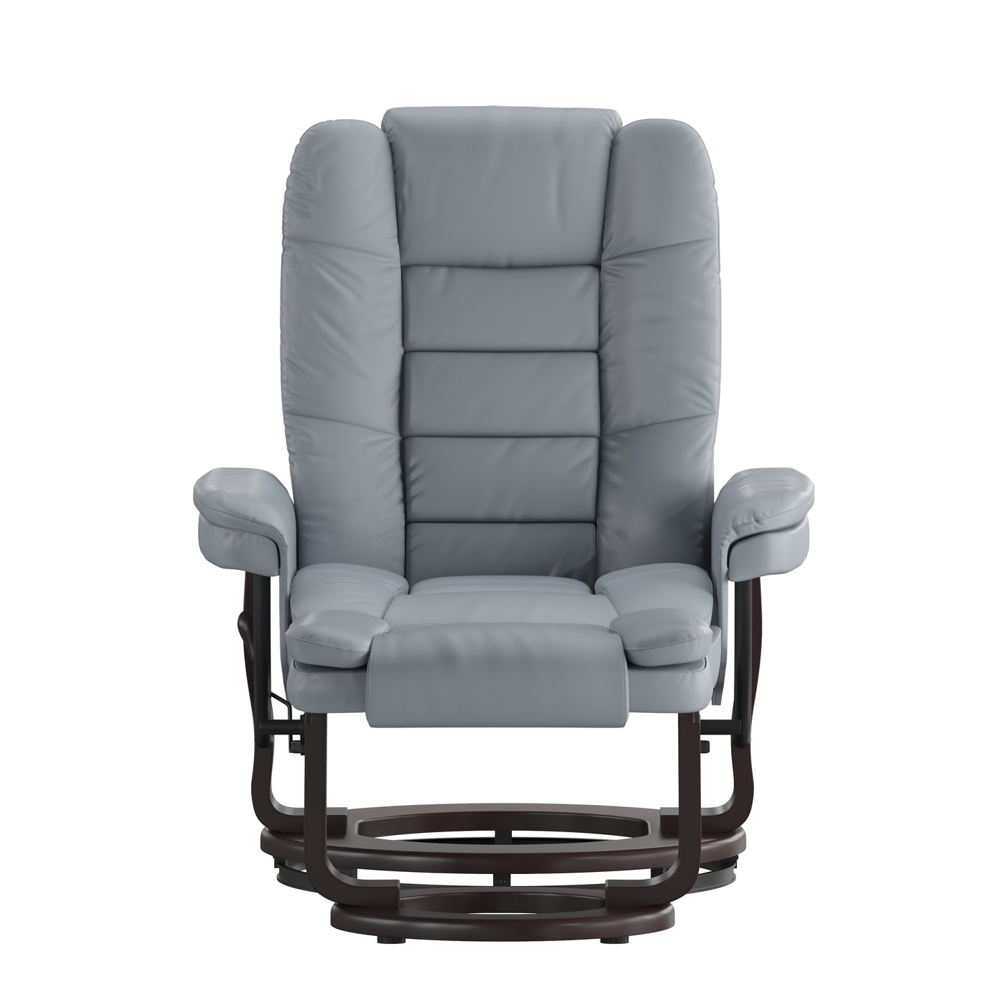 Bali Contemporary Multi-Position Recliner with Horizontal Stitching and Ottoman with Swivel Mahogany Wood Base in Gray LeatherSoft Gray