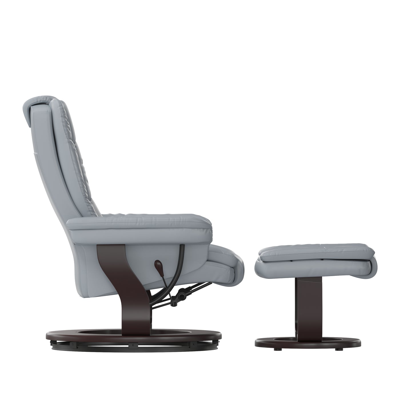 Bali Contemporary Multi-Position Recliner with Horizontal Stitching and Ottoman with Swivel Mahogany Wood Base in Gray LeatherSoft Gray