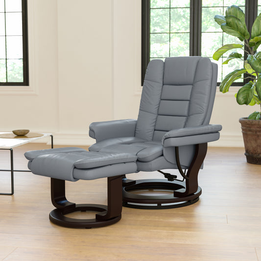 Bali Contemporary Multi-Position Recliner with Horizontal Stitching and Ottoman with Swivel Mahogany Wood Base in Gray LeatherSoft Gray