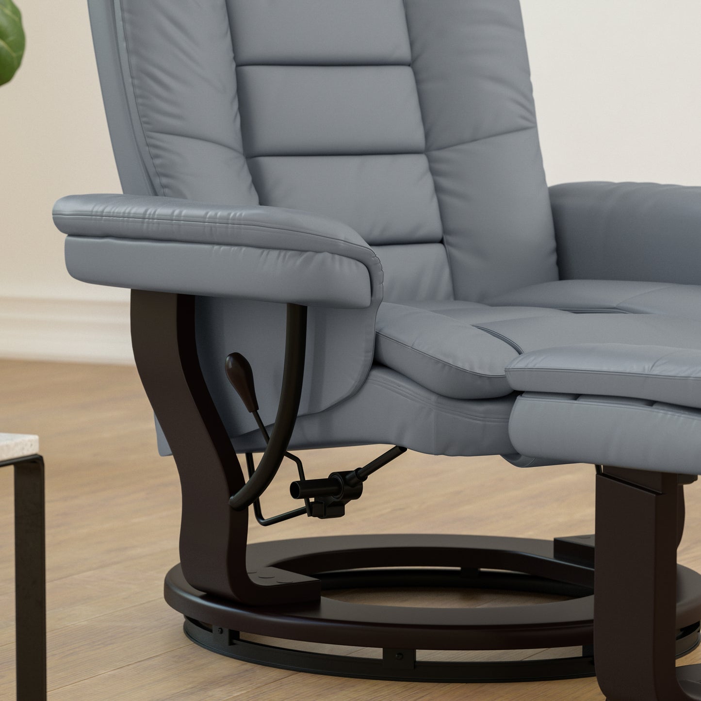 Bali Contemporary Multi-Position Recliner with Horizontal Stitching and Ottoman with Swivel Mahogany Wood Base in Gray LeatherSoft Gray