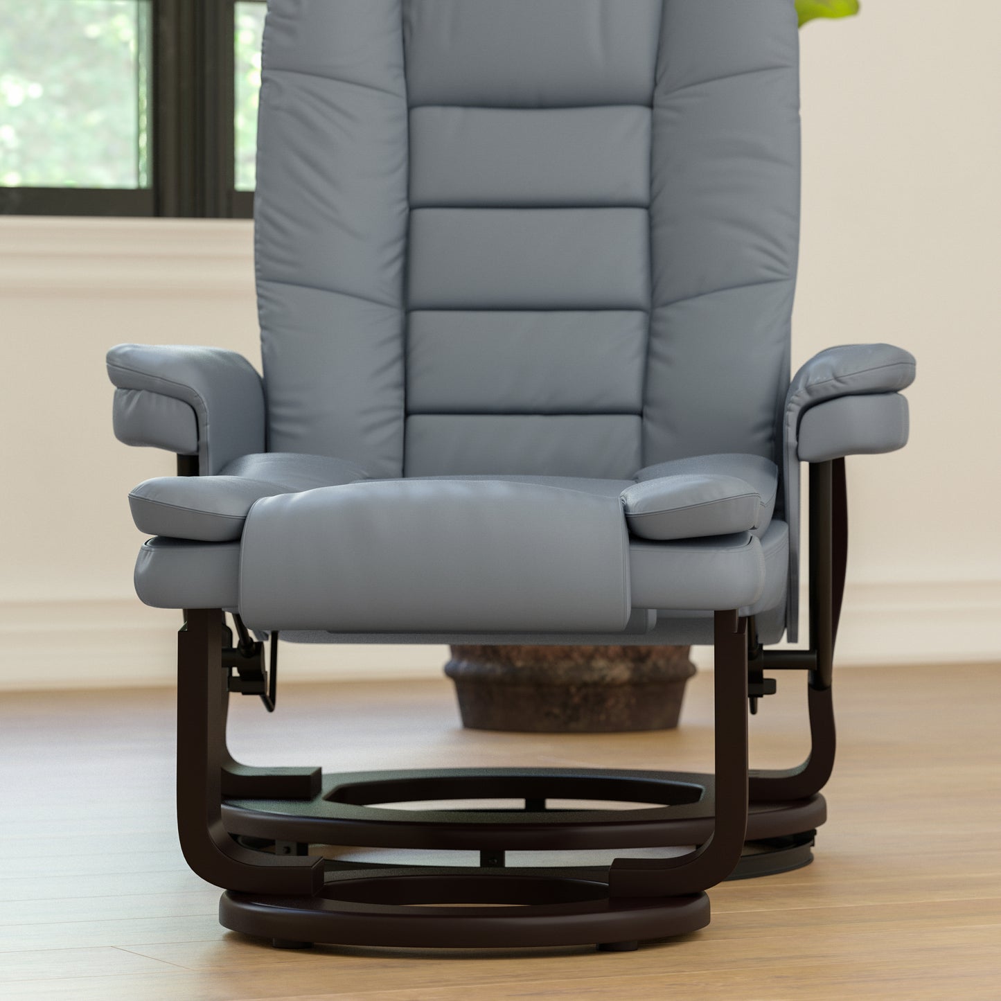 Bali Contemporary Multi-Position Recliner with Horizontal Stitching and Ottoman with Swivel Mahogany Wood Base in Gray LeatherSoft Gray