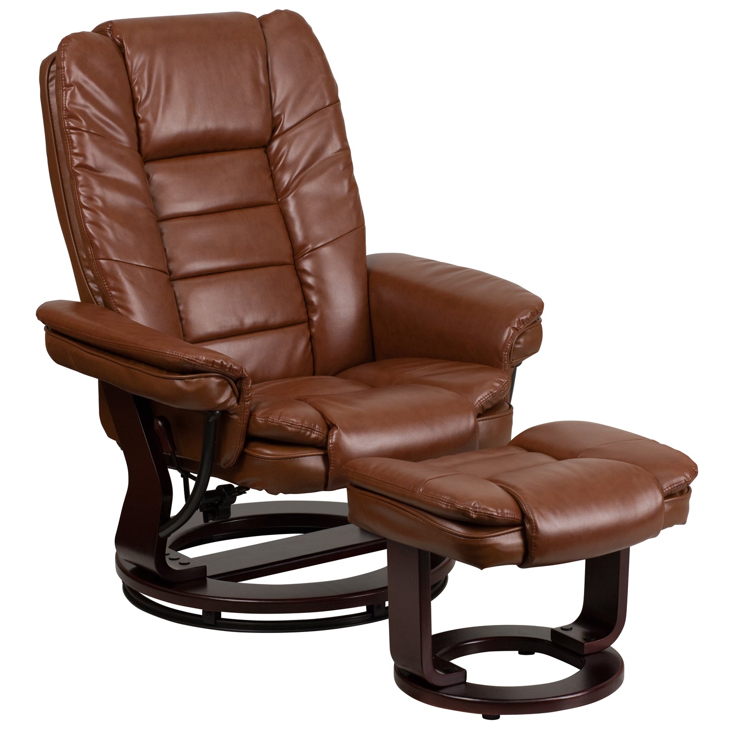Bali Contemporary Multi-Position Recliner with Horizontal Stitching and Ottoman with Swivel Mahogany Wood Base in Brown Vintage Leather Brown Vintage