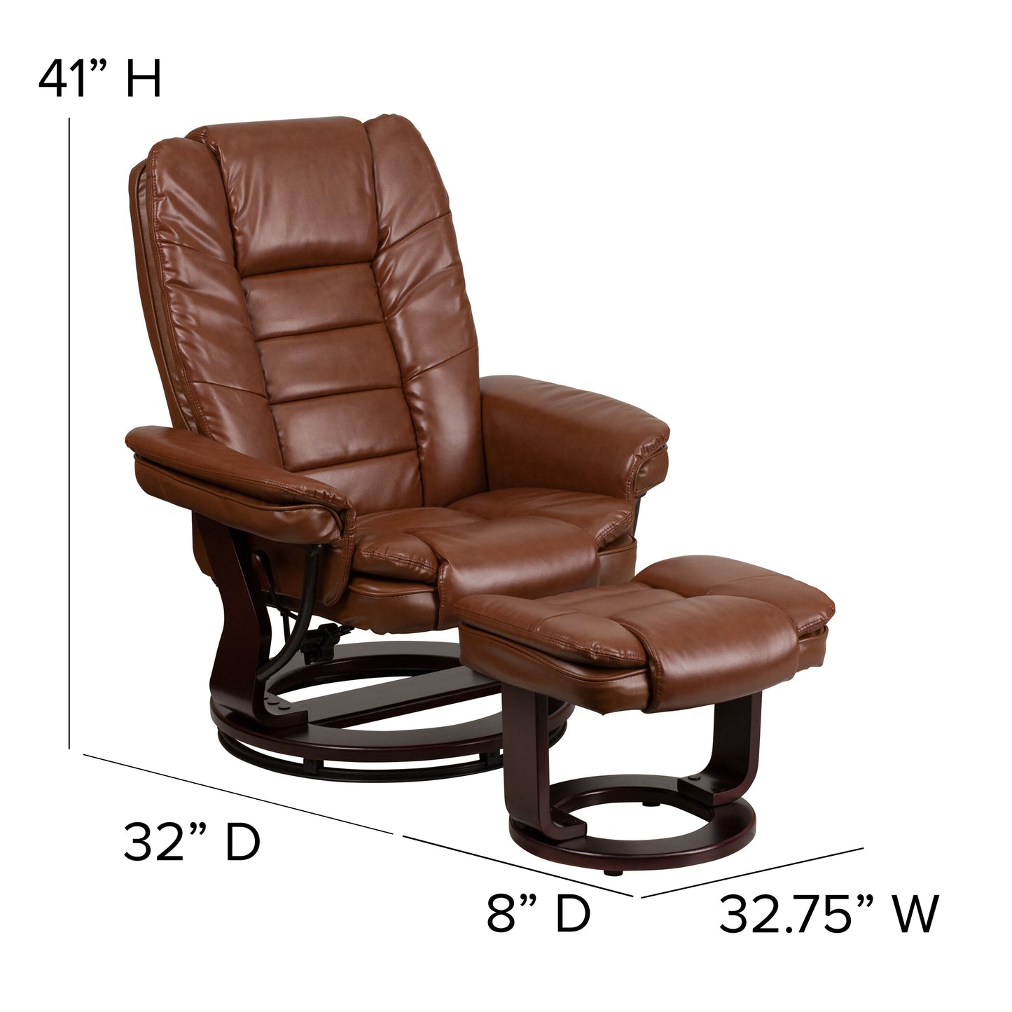 Bali Contemporary Multi-Position Recliner with Horizontal Stitching and Ottoman with Swivel Mahogany Wood Base in Brown Vintage Leather Brown Vintage