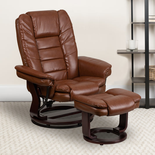 Bali Contemporary Multi-Position Recliner with Horizontal Stitching and Ottoman with Swivel Mahogany Wood Base in Brown Vintage Leather Brown Vintage