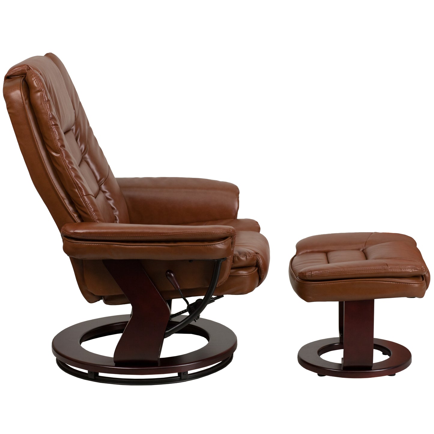 Bali Contemporary Multi-Position Recliner with Horizontal Stitching and Ottoman with Swivel Mahogany Wood Base in Brown Vintage Leather Brown Vintage