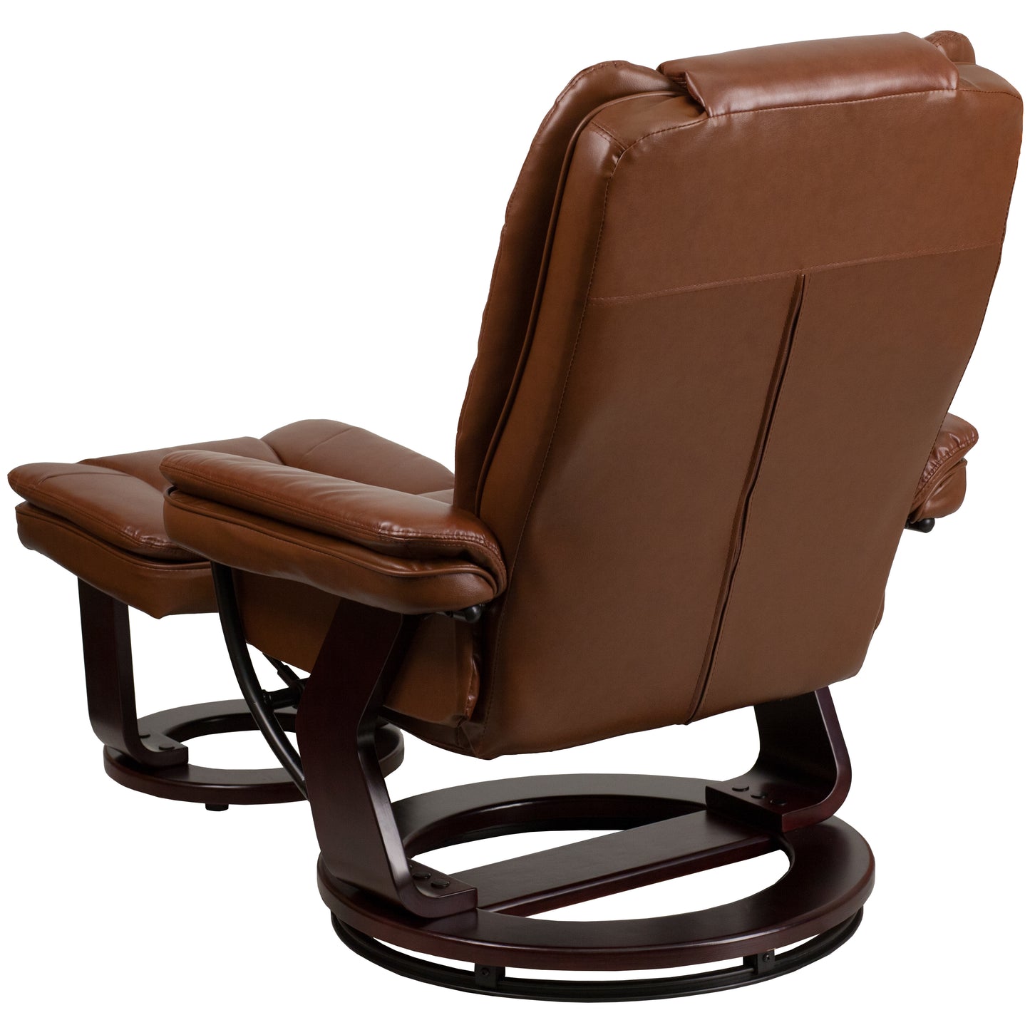 Bali Contemporary Multi-Position Recliner with Horizontal Stitching and Ottoman with Swivel Mahogany Wood Base in Brown Vintage Leather Brown Vintage