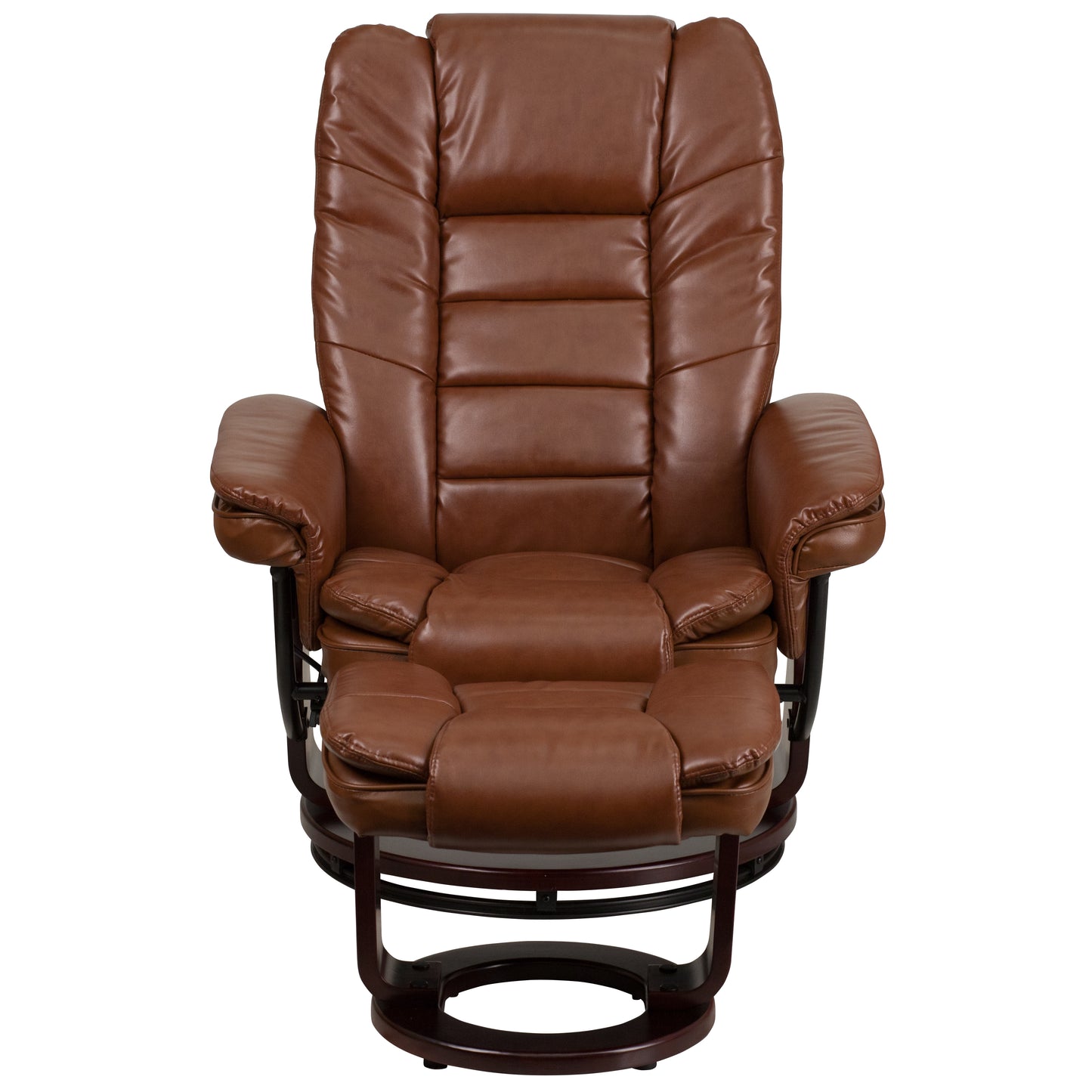 Bali Contemporary Multi-Position Recliner with Horizontal Stitching and Ottoman with Swivel Mahogany Wood Base in Brown Vintage Leather Brown Vintage