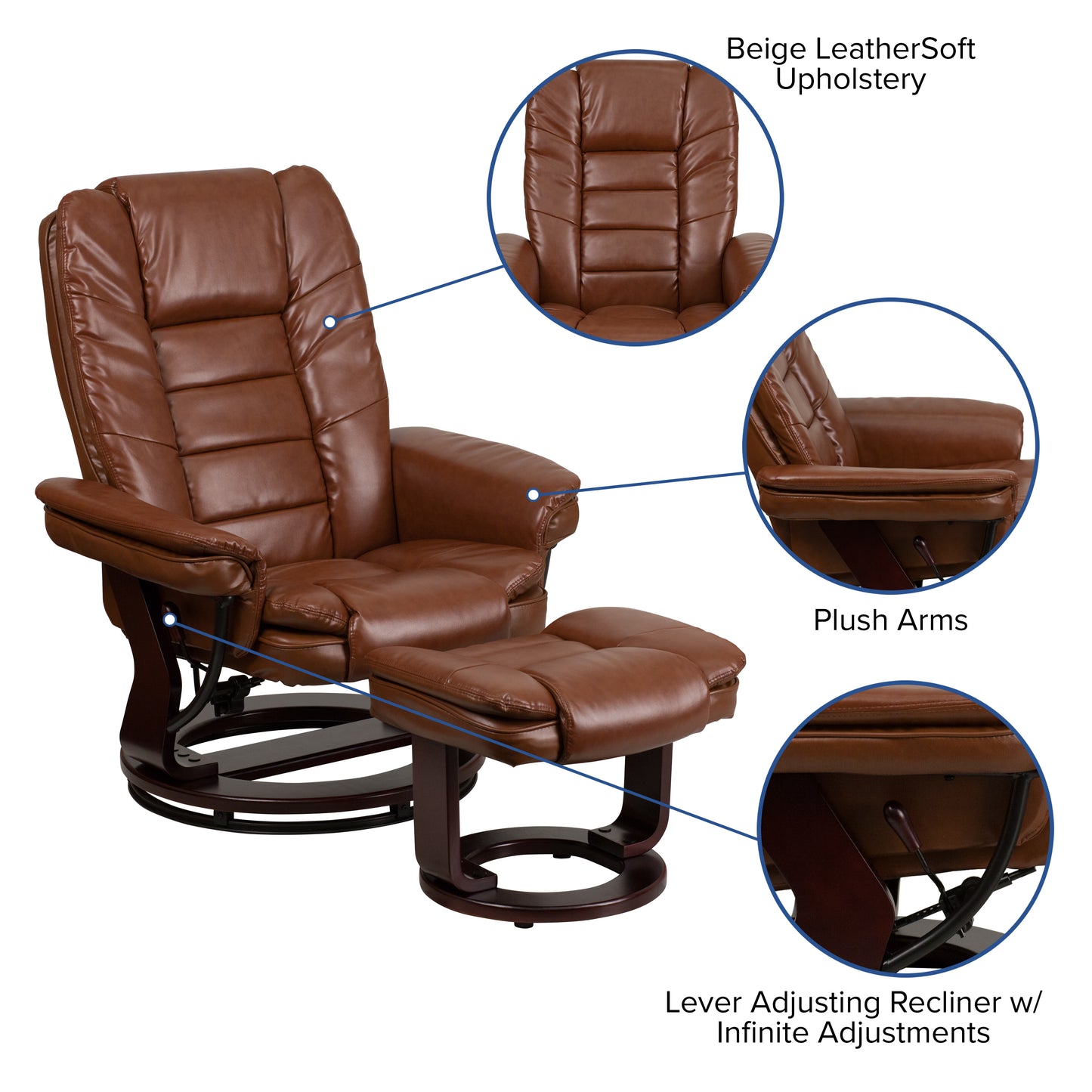 Bali Contemporary Multi-Position Recliner with Horizontal Stitching and Ottoman with Swivel Mahogany Wood Base in Brown Vintage Leather Brown Vintage
