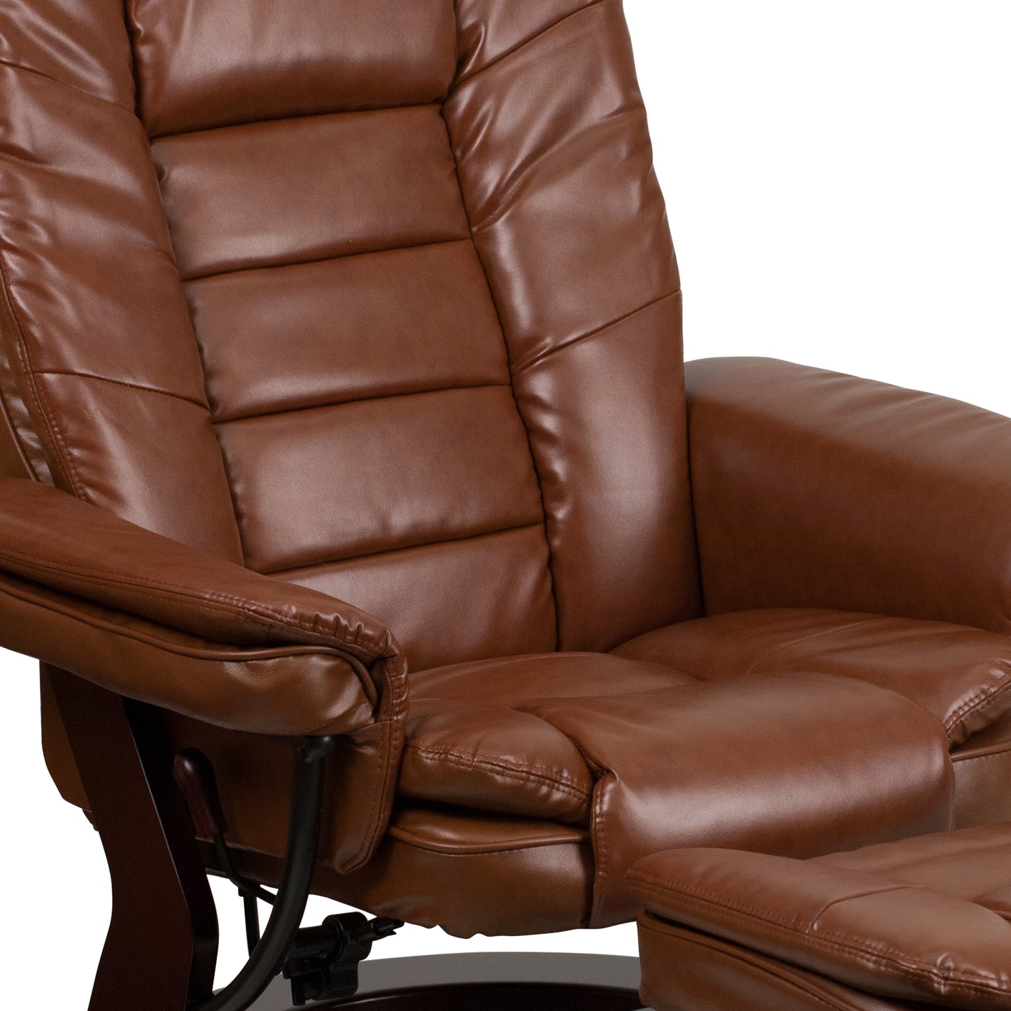 Bali Contemporary Multi-Position Recliner with Horizontal Stitching and Ottoman with Swivel Mahogany Wood Base in Brown Vintage Leather Brown Vintage