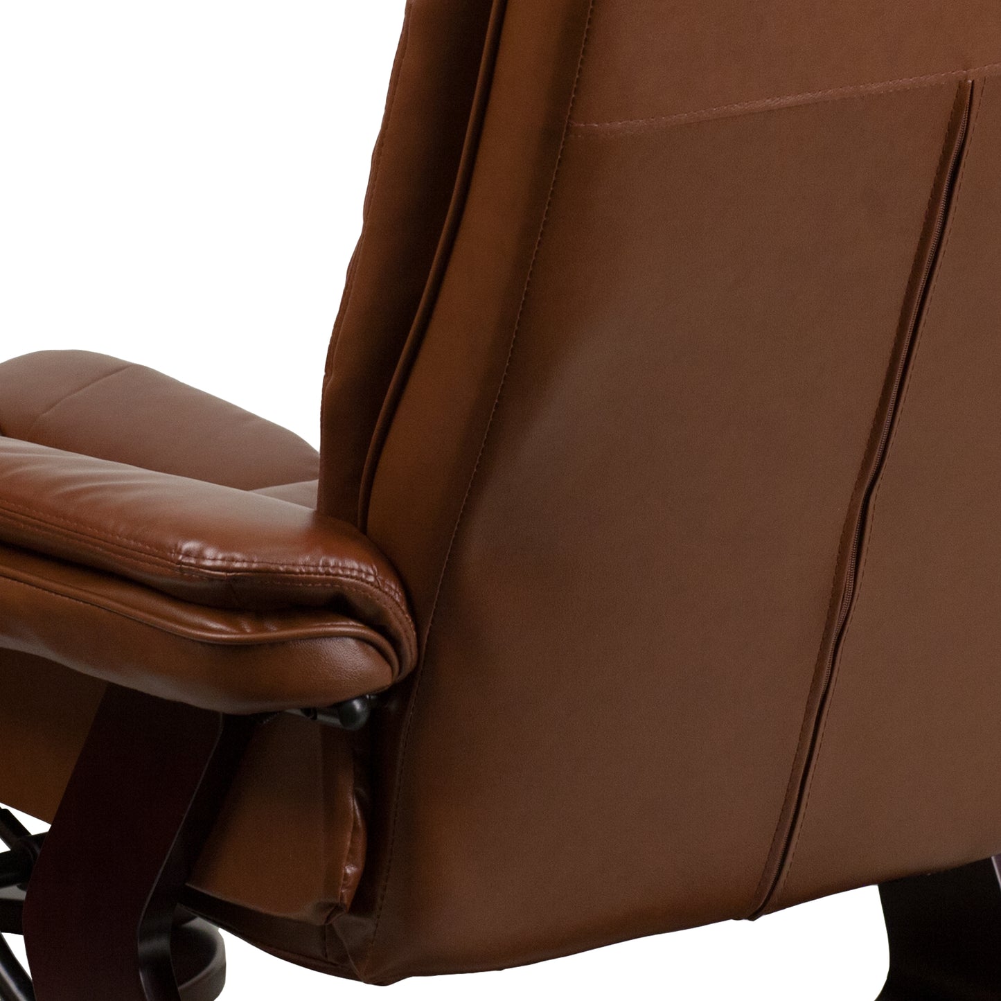Bali Contemporary Multi-Position Recliner with Horizontal Stitching and Ottoman with Swivel Mahogany Wood Base in Brown Vintage Leather Brown Vintage