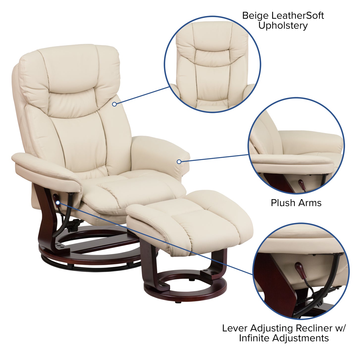 Allie Recliner Chair with Ottoman | Beige LeatherSoft Swivel Recliner Chair with Ottoman Footrest Beige