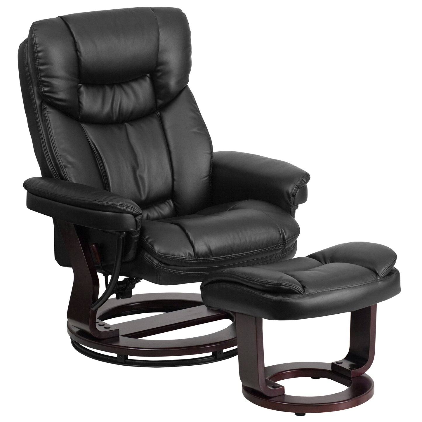 Allie Contemporary Multi-Position Recliner and Curved Ottoman with Swivel Mahogany Wood Base in Black LeatherSoft Black