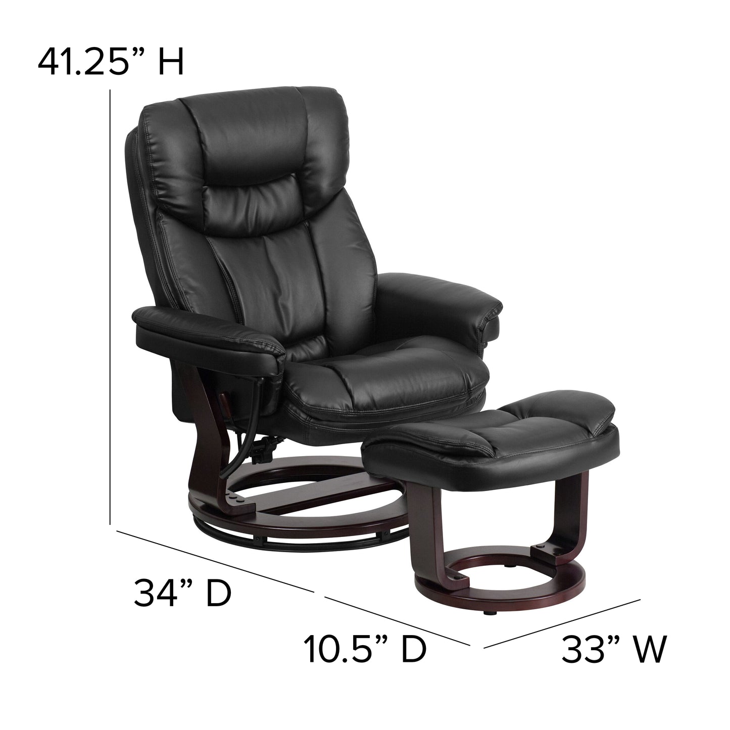 Allie Contemporary Multi-Position Recliner and Curved Ottoman with Swivel Mahogany Wood Base in Black LeatherSoft Black