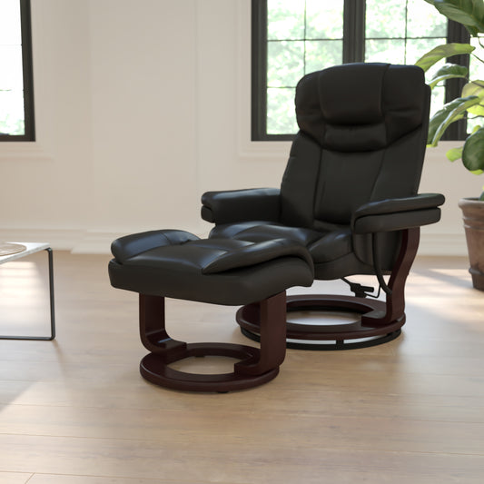 Allie Contemporary Multi-Position Recliner and Curved Ottoman with Swivel Mahogany Wood Base in Black LeatherSoft Black BT-7821-BK-GG