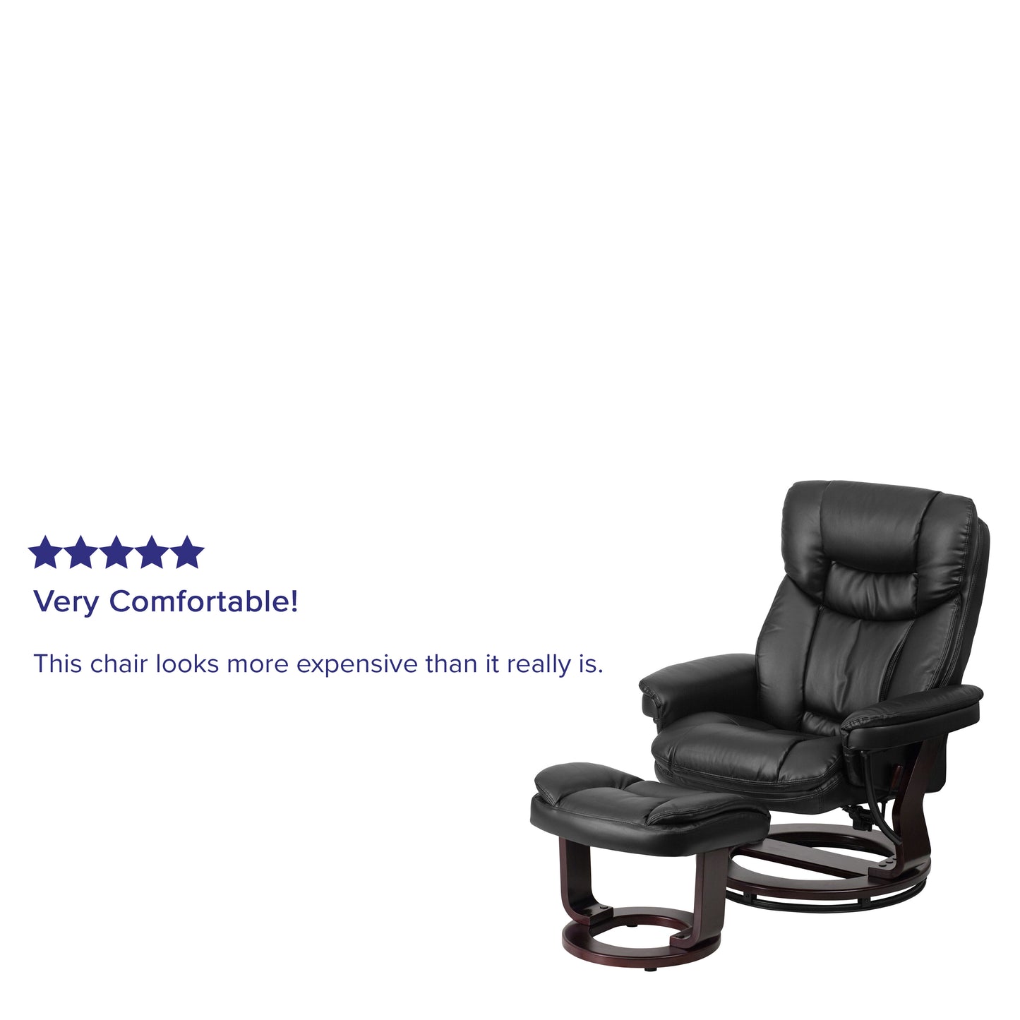 Allie Contemporary Multi-Position Recliner and Curved Ottoman with Swivel Mahogany Wood Base in Black LeatherSoft Black