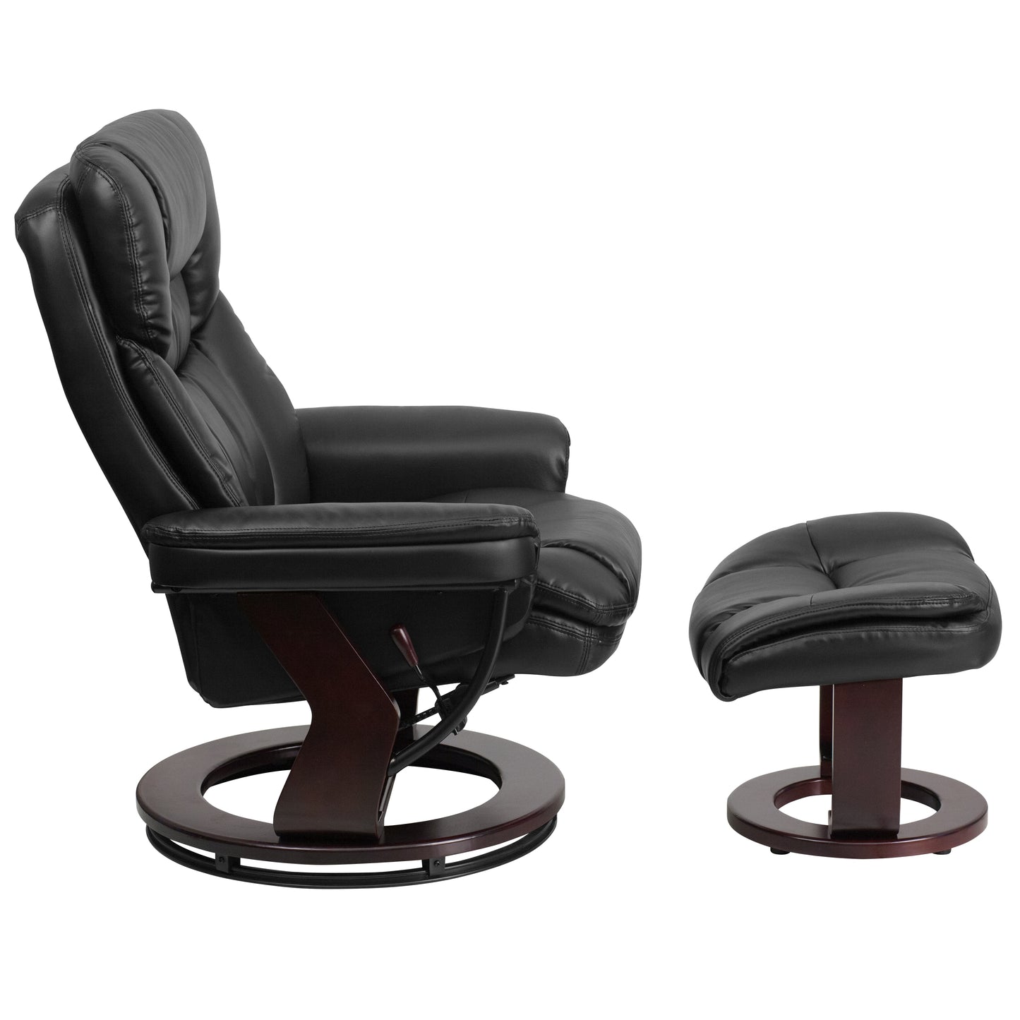 Allie Contemporary Multi-Position Recliner and Curved Ottoman with Swivel Mahogany Wood Base in Black LeatherSoft Black