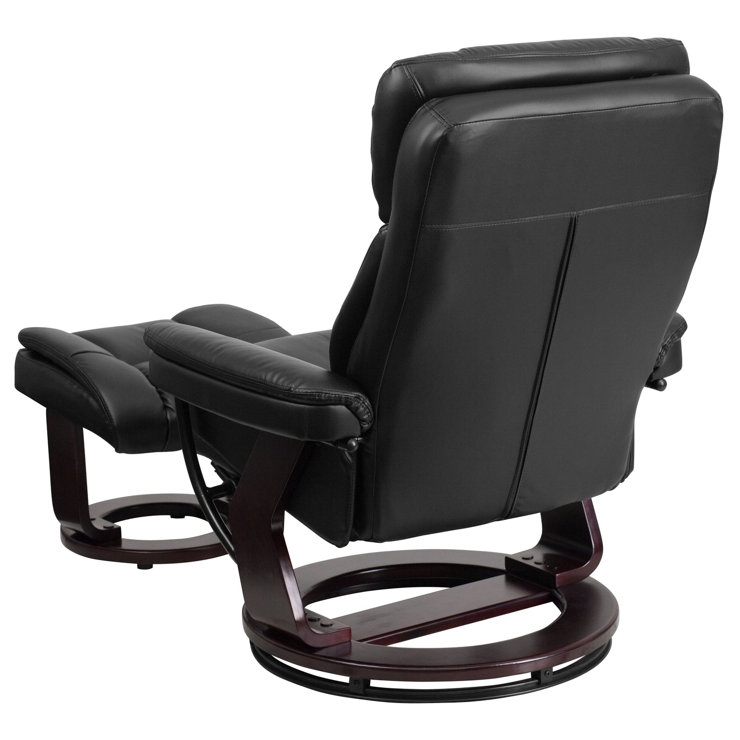 Allie Contemporary Multi-Position Recliner and Curved Ottoman with Swivel Mahogany Wood Base in Black LeatherSoft Black